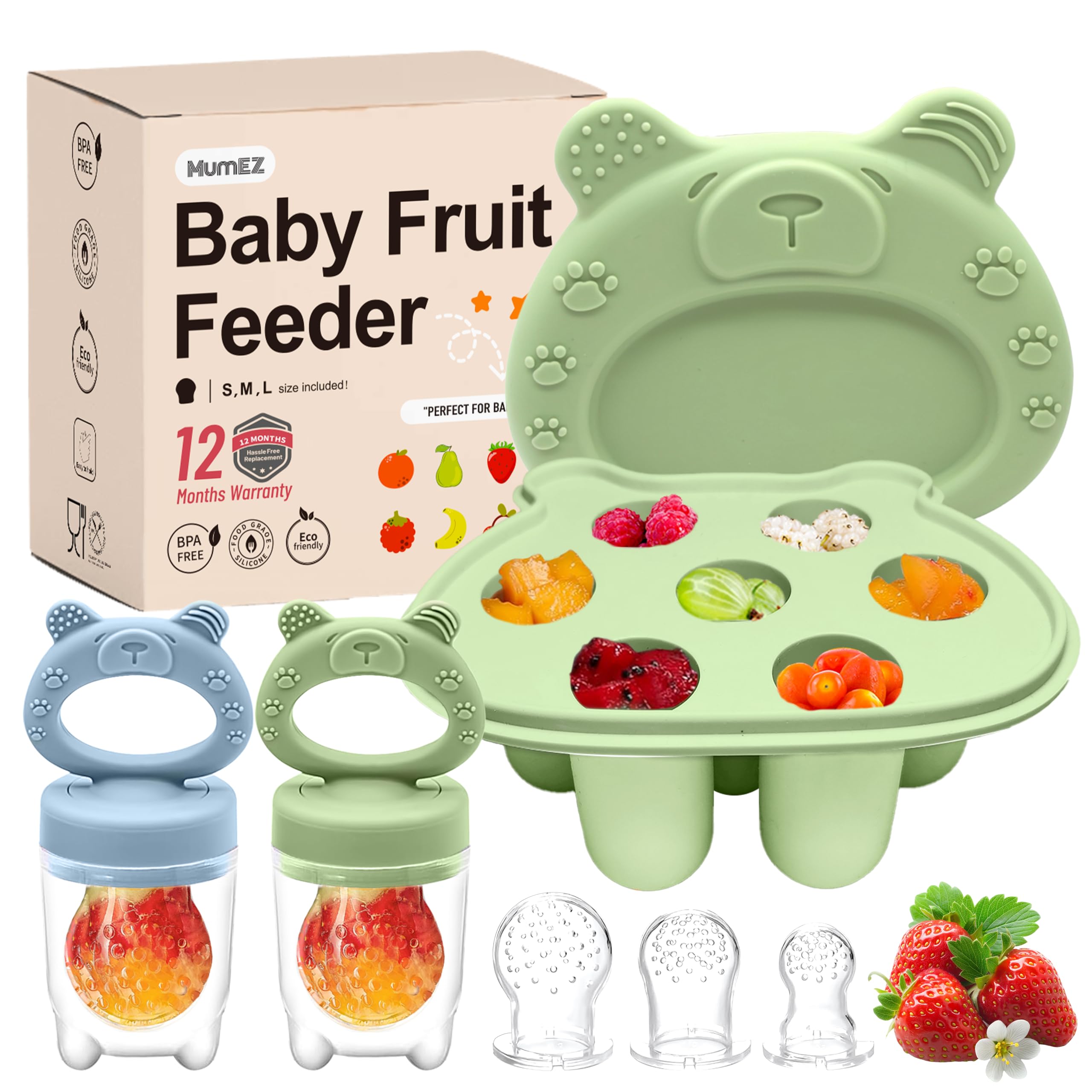 BebeCalin Baby Obst Feeder Set, Enthält 2 Babynahrung Schnuller Feeder mit 3 Größe Nippel, Babynahrung Gefriertabletts