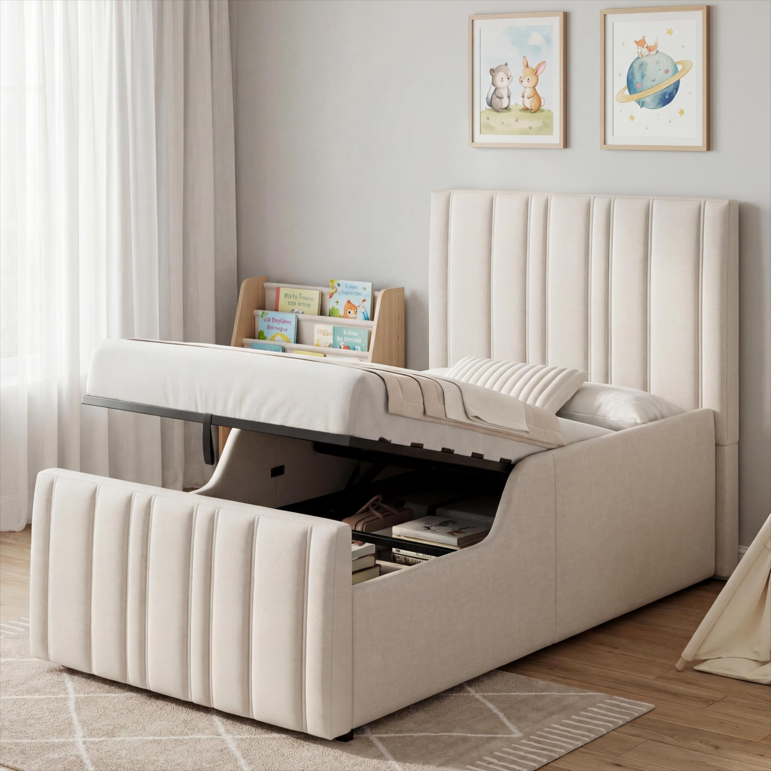 Merax Kinder Bett Polsterbett 90x200 cm Kinderbett mit hydraulischem Stauraum, Jugendbett Stauraumbett Einzelbett aus Leinenstoff mit gepolstertem Kopfteil & Armlehnen & Lattenrost, Beige