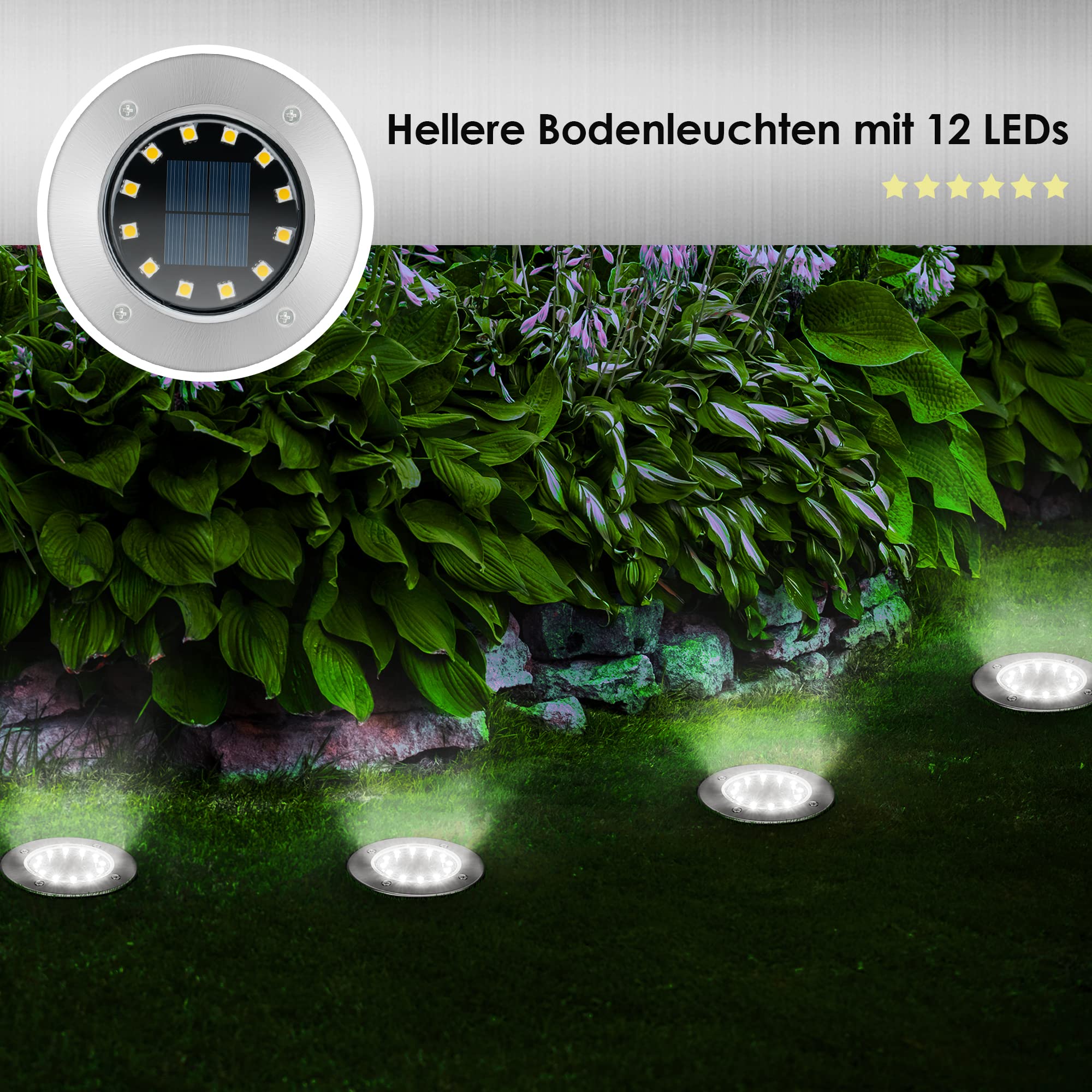 Solpex Luci da pavimento a energia solare, 12 LED, 8 pezzi, bianco, in acciaio inox, impermeabile, per esterni, giardino, terrazza, prato, cortile, passerella
