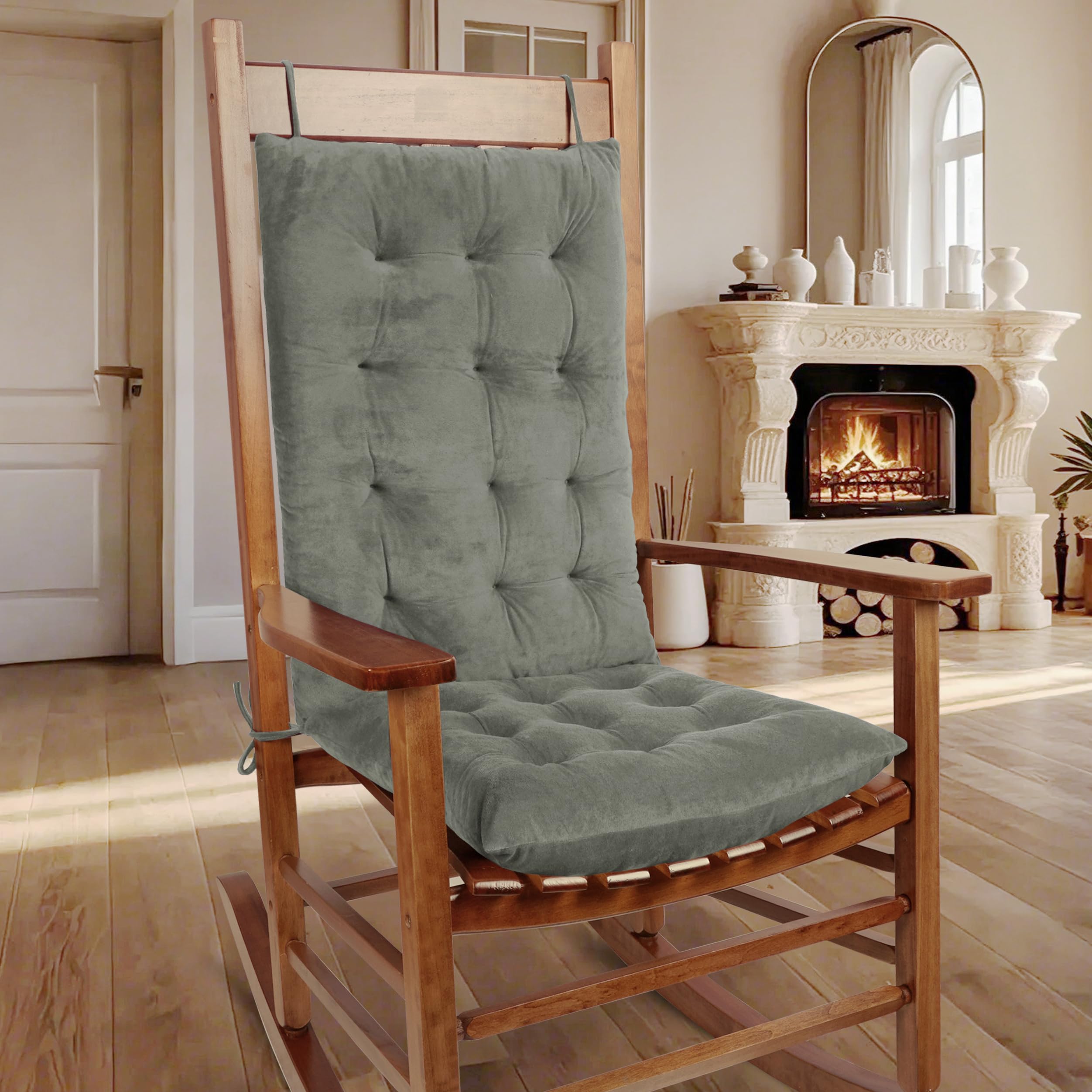 OVOV Thick Rocking Chair Cushion Warm Tufted Rocking Chair Pads Set of 2 with Ties High Back and Seat Cushion Suitable for Indoor Grey