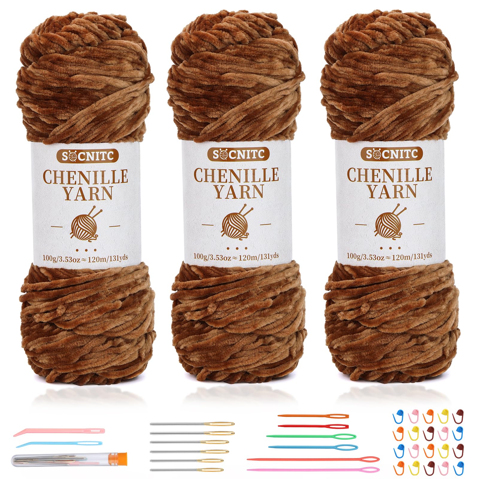 SOCNITC Chenille Yarn, Yarn for Crocheting, 3 * 3.5oz Soft Chenille Yarn, Blanket Yarn for Crocheting with Big Eye Needles, Velvet Yarn for Crochet for Weaving Blanket DIY Craft