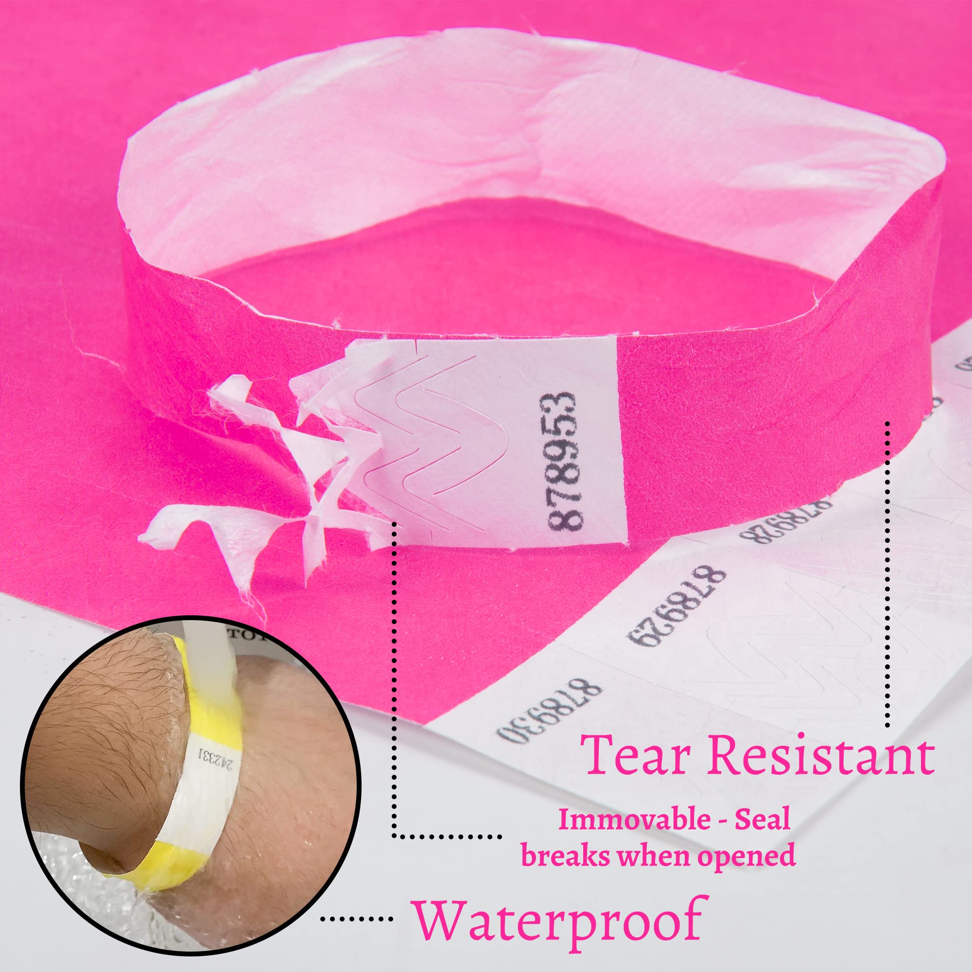 L LIKED 100 Pcs Numbered Wristbands for Events Waterproof Paper Neon Wristbands Party Bands Entrance Wrist Bands for Events Music Festival Concert Contest (Fluorescent Pink) - Image 2
