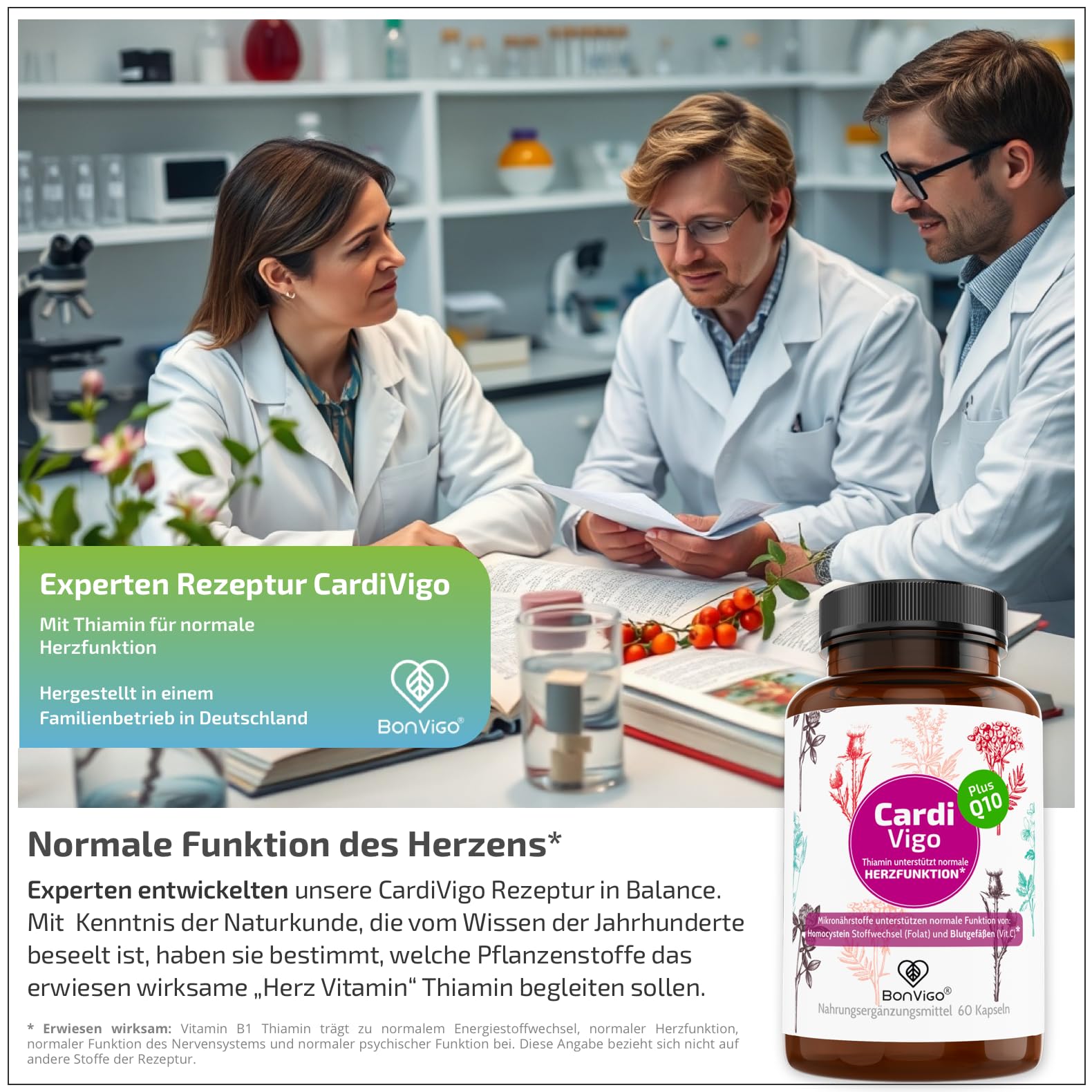 CardiVigo mit Thiamin für normale Herzfunktion. Plus Weißdorn, Q10 | Folat für normale Blutbildung & Vitamin C zu normaler Kollagenbildung für normale Funktion der Blutgefäße & Pflanzenextrakte