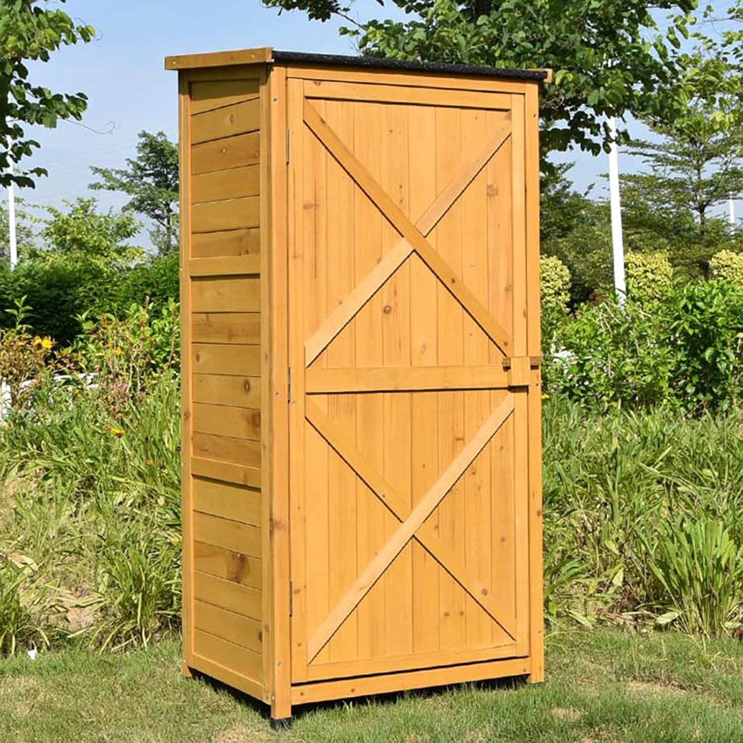 Cobertizo de almacenamiento de madera para exteriores, armarios de jardín, protección solar y armario de almacenamiento de herramientas de jardín impermeable, terraza/patio trasero/piscina, estante de