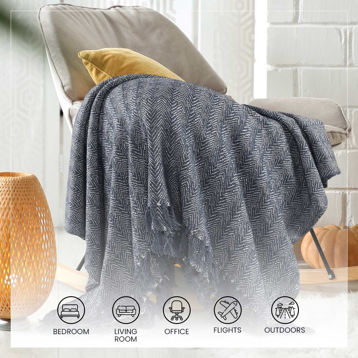 SASHAA WORLD Soft Herringbone Throw Blanket | Used Both Indoor and Outdoor |Blanket for Living Room, Sofa, Bed & Chair | Navy Throw Blanket| Pack of 1, 180 x130 cm 4