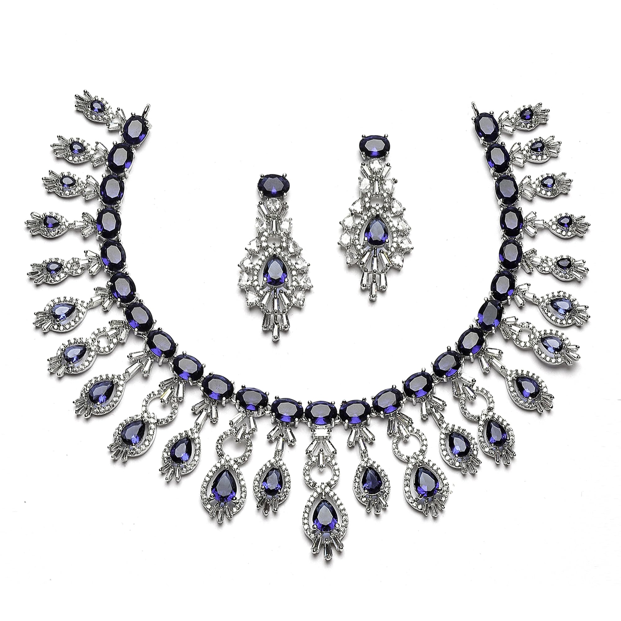 ZENEME Rhodium-Plated American Diamond Studded Oval & Teardrop Shaped Necklace With Earrings Jewellery Set For Girls and Women (Navy Blue) (B0CGRHW4VT) Amazon Price History, Amazon Price Tracker