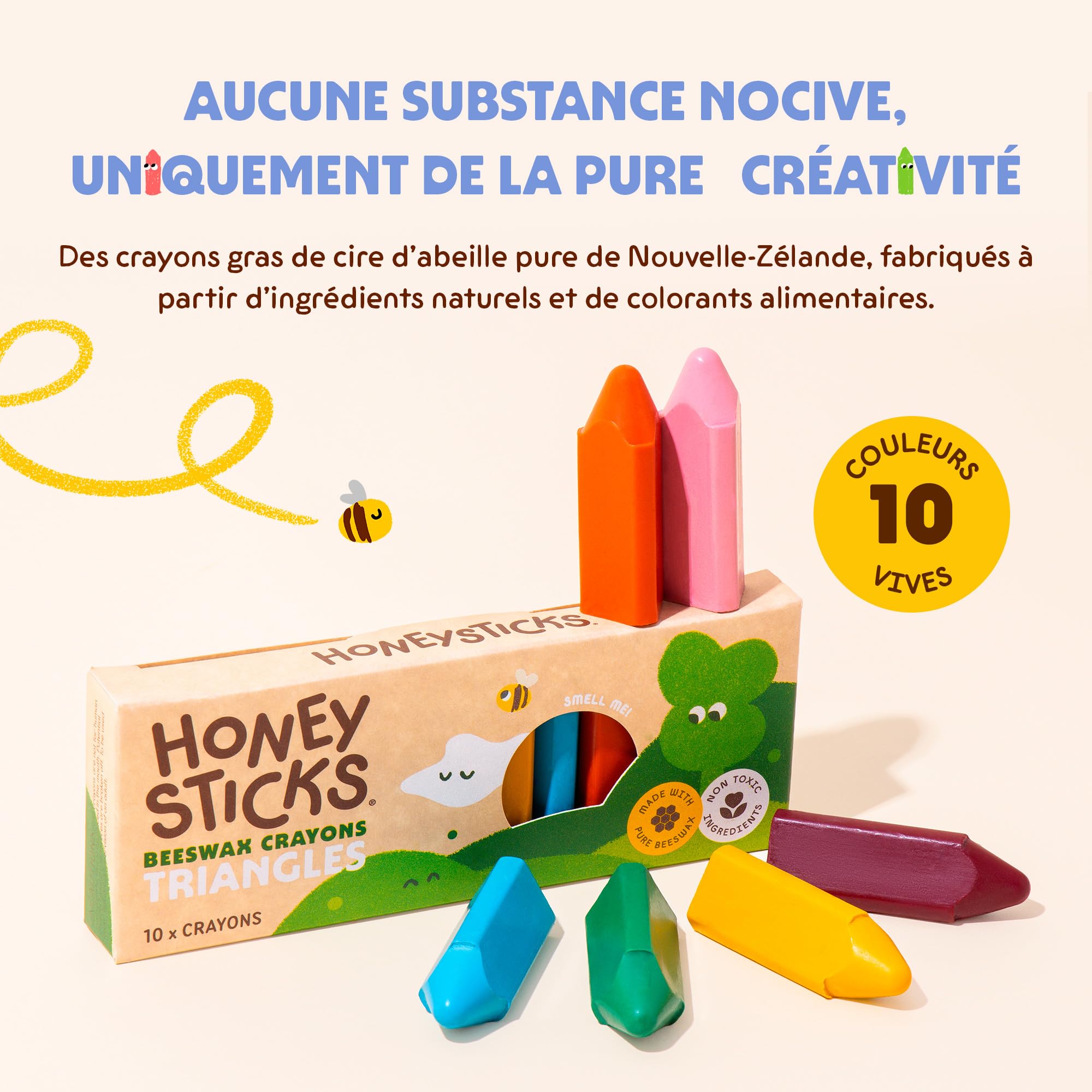 Honeysticks Crayons Super Jumbo Crayons (lot de 6) - 100% cire d'abeille - Couleurs de qualité alimentaire - 1 à 3 ans - Incassables - Extra larges - Faciles à tenir et à utiliser - Respectueux de