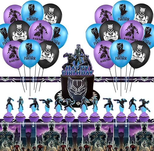 Miniatura 5 de Decoración de suministros para fiesta de cumpleaños de Black Panther sirve a 20 invitados con pancarta cubierta de mesa platos servilletas