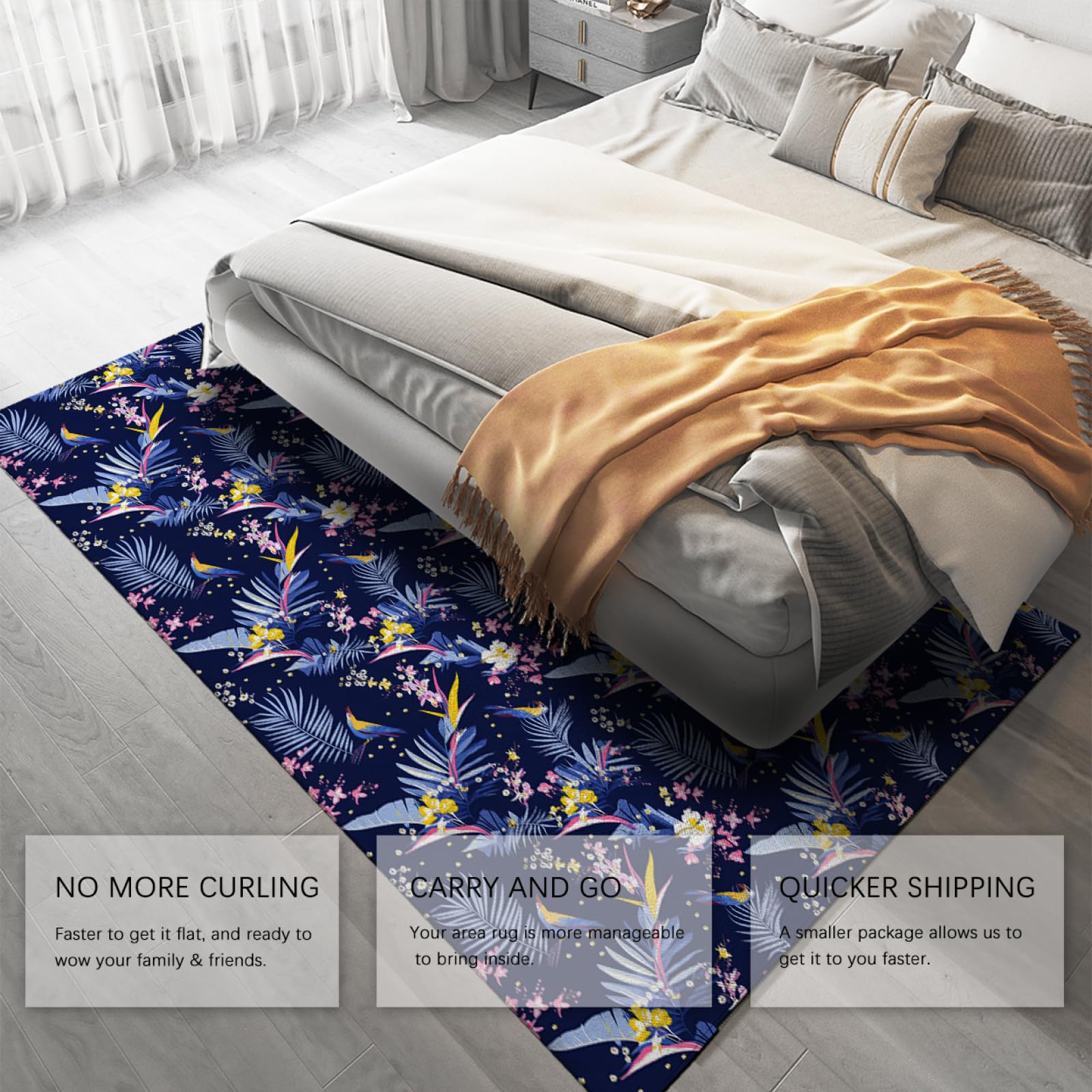 Tapis rectangulaire Bleu Vintage Retro Oriental Design Fleurs rustiques Tapis antidérapant en Caoutchouc Support pour Le Bureau à Domicile 60x90cm