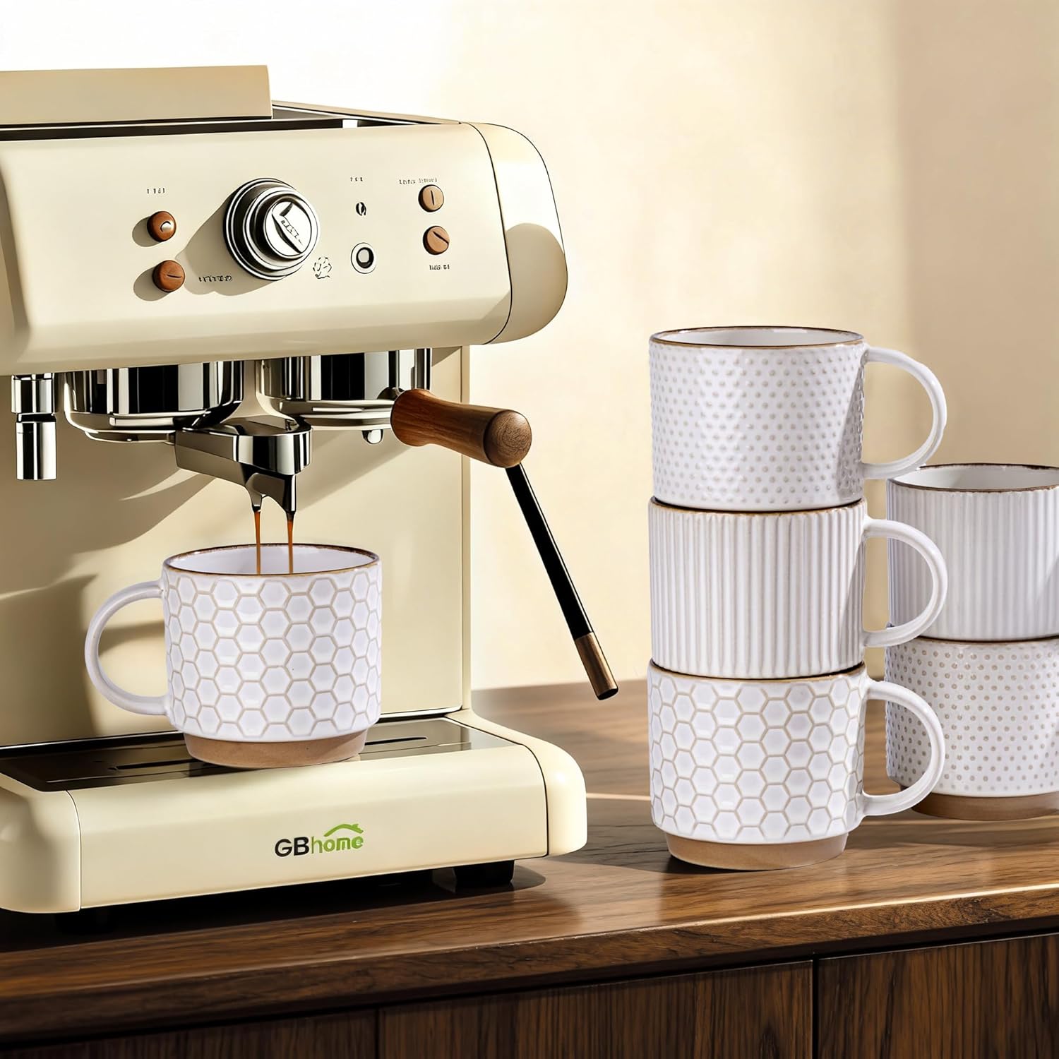 GBHOME 12OZ Stackable Coffee Mugs, Ceramic Coffee Mugs with Texture Patterns for Man,Woman,Dad,Mom, Modern Coffee Mugs Set of 4 for Latte/Cappuccino/Cocoa. Dishwasher&Microwave Safe, Off White - Image 6