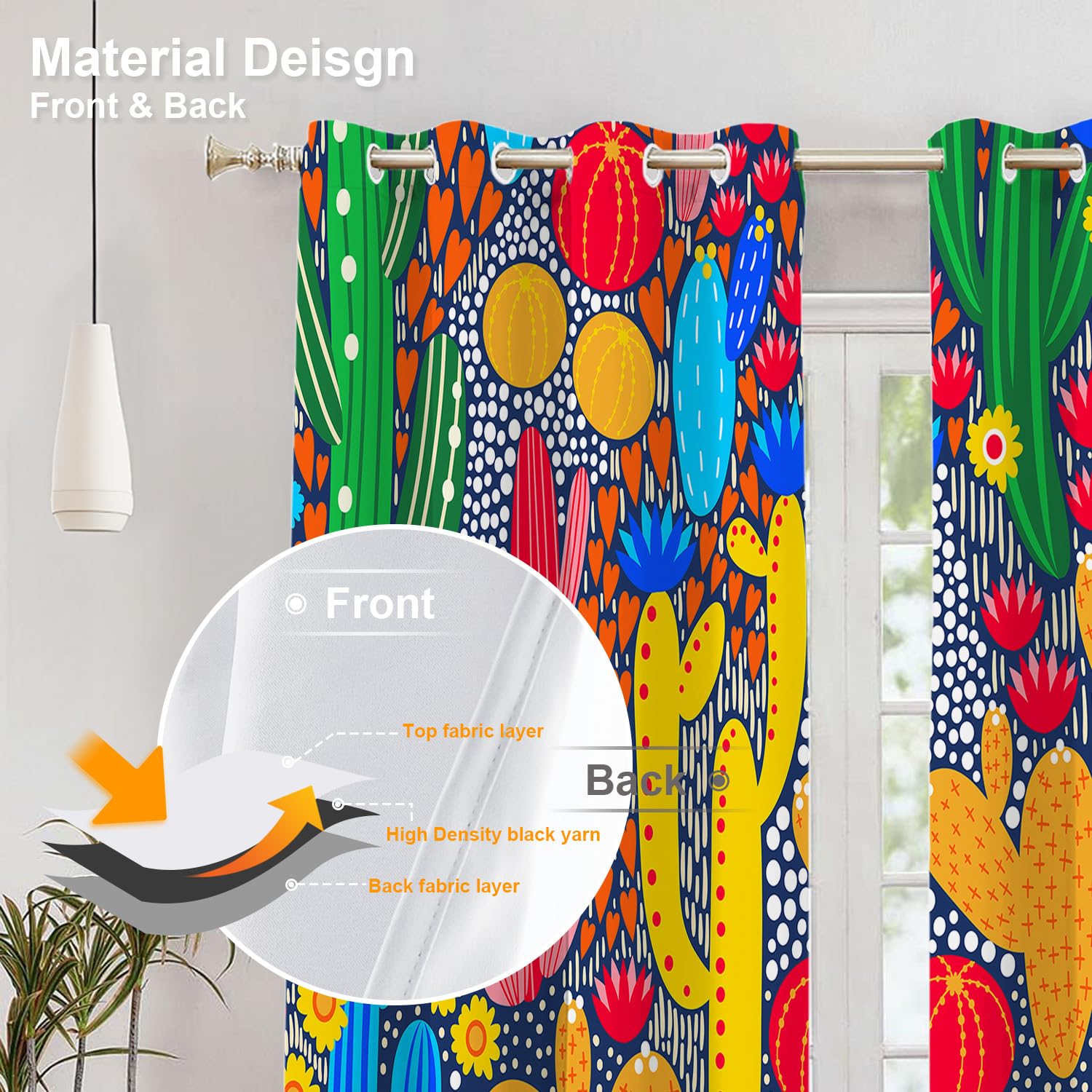 BaoNews Orange Cartoon Cactus Bedroom Curtains,Blue Cartoon Blackout Polyester Grommet Window Treatment Drapes for Living Room, 2 Panels 52X63 Inches