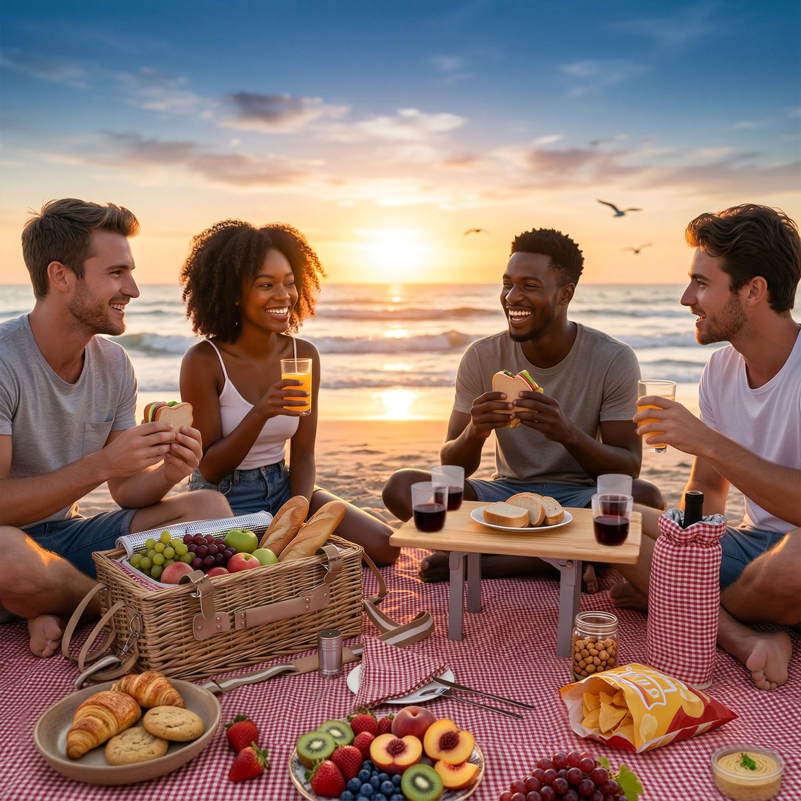 Juego de cesta de picnic de mimbre para 4 personas con mesa desmontable, bolsa de utensilios, forro aislante y manta impermeable, cesta de picnic de sauce para camping, al aire libre, parejas, regalos