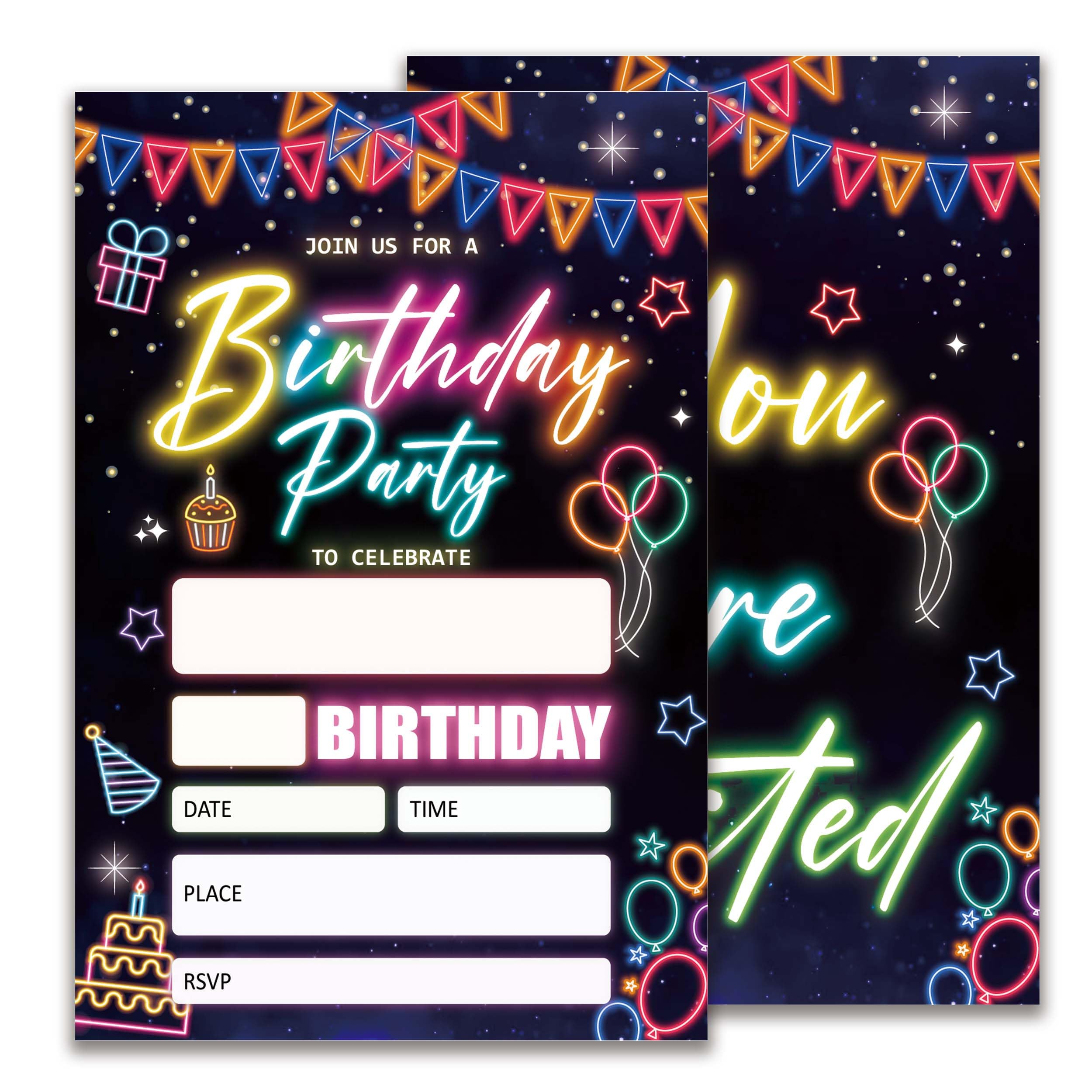 Glow Birthday Party Invitations, Neon Party Birthday Invitations for Boys Girls, 20 Double-Sided Design Birthday Invites with Envelopes (4x6 In), Birthday Party Supplies Favors-A02