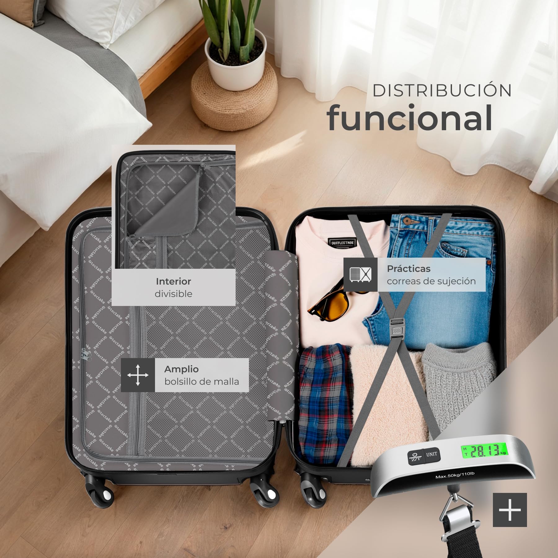 tectake® Juego de 4 Maletas Rígidas con Báscula y Etiquetas de Equipaje, 3 Trolleys y 1 Neceser, Set de Maletas de Viaje con Ruedas de 360º, Cerradura de Combinación, Apilables Entre sí - Negro
