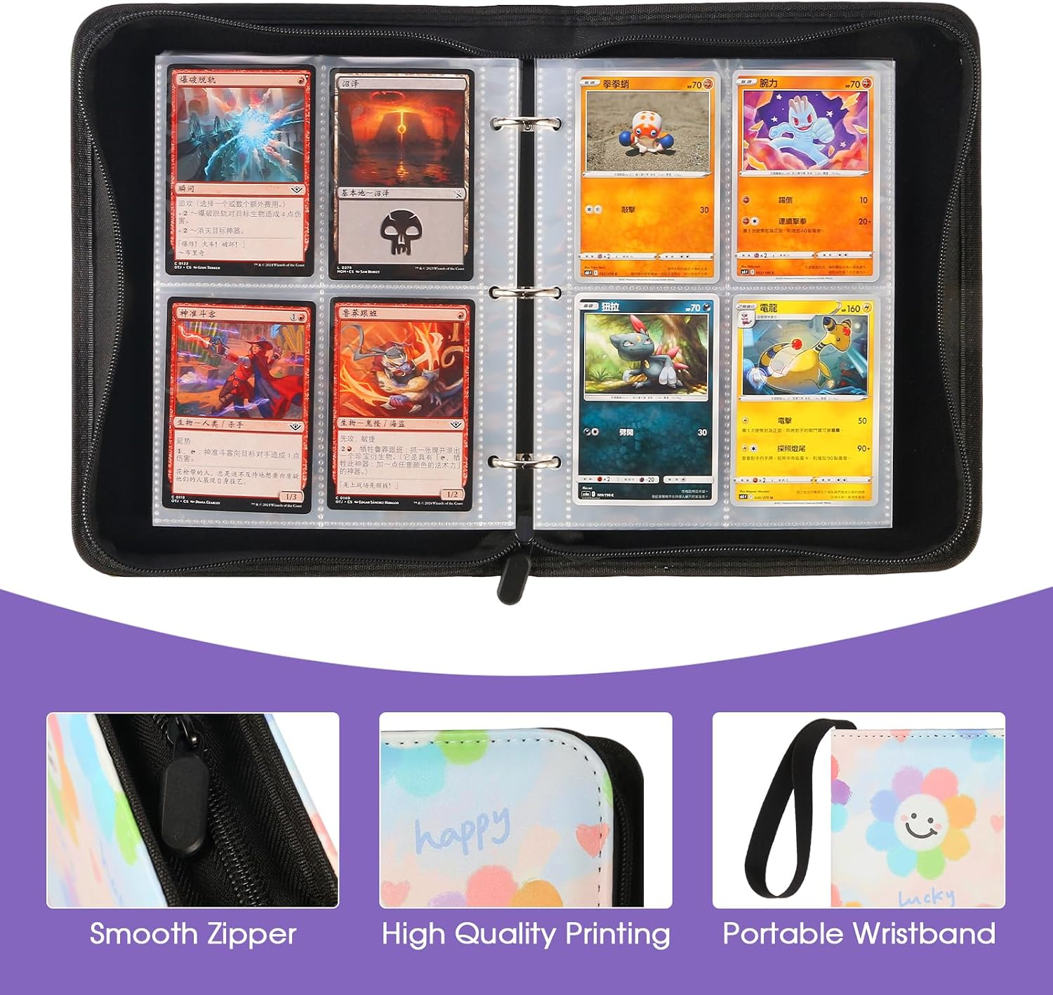 Trading Card Binder 4 Pocket with 50 Removable Sleeves, Card Holder Fits 400 Cards,Collection Album for Game Cards, Durable Collectible Storage Case for Girls and Boys(Lucky Sunflower)