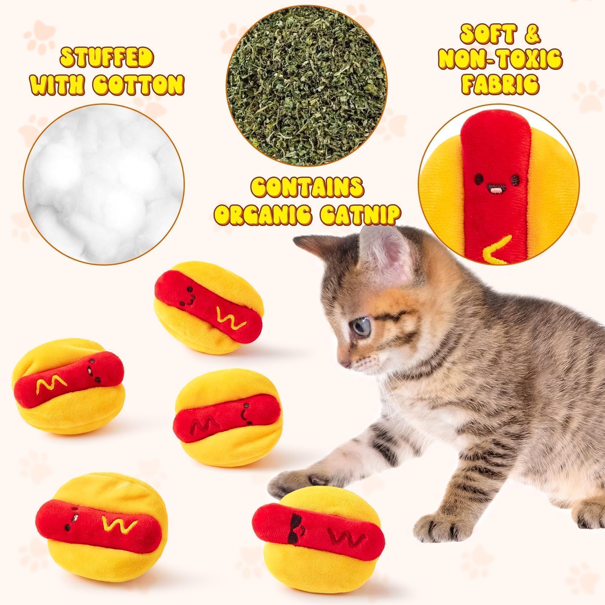 L1rabe Hot Dog Katzenminze-Spielzeug – Sommer 5 niedliche Hot-Dog-Katzen-Geräuschspielzeuge, interaktives Haustierzubehör, Kätzchen, Kauen, Beißen, Kick-Kratzwerkzeuge, Katzenminze, Katzenliebhaber