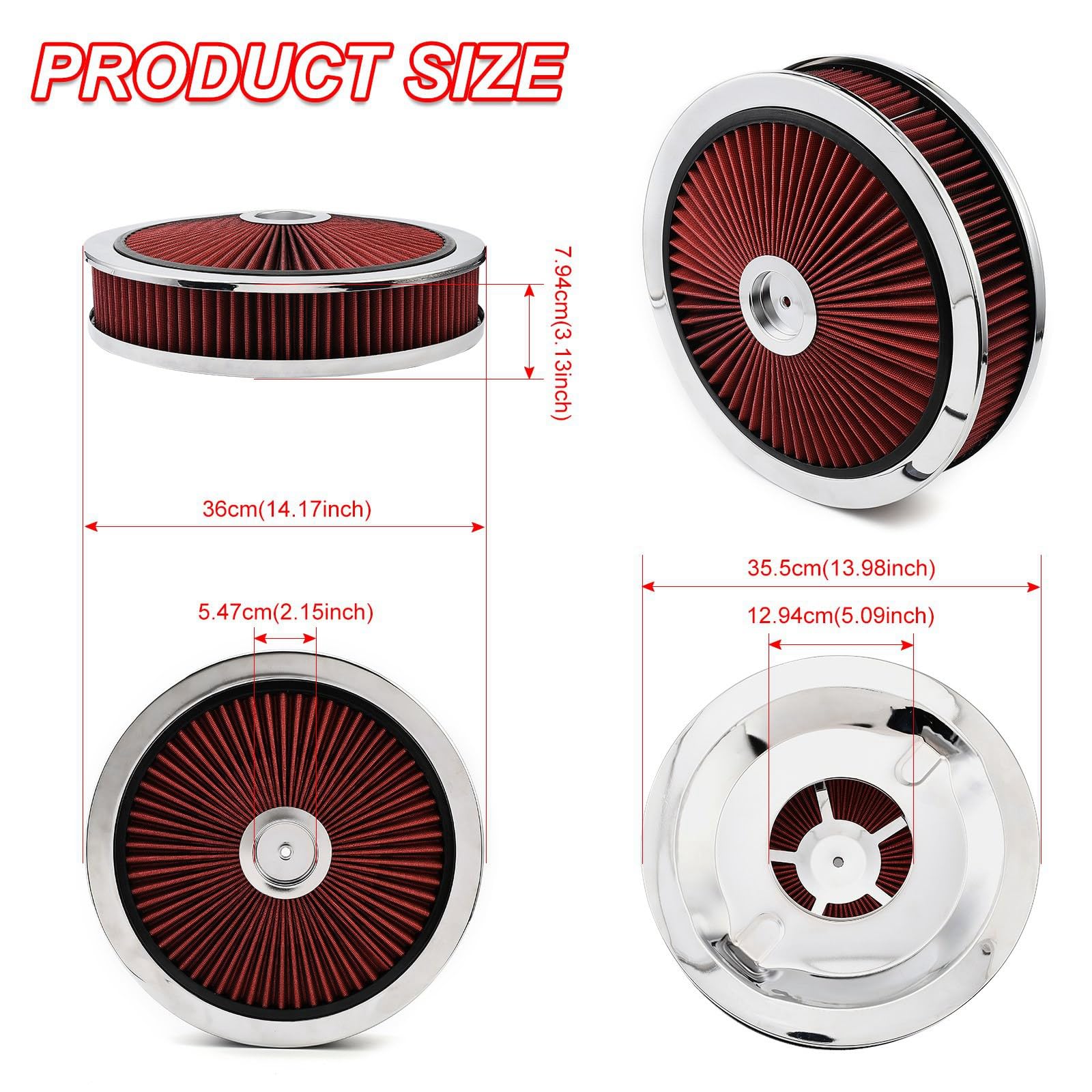 XhuangTech Filtro de admisión de aire redondo de 14 x 3 pulgadas, kit de montaje de filtro de aire de aluminio de alto flujo, rendimiento reutilizable, filtro lavable para motor de automóvil con tapa