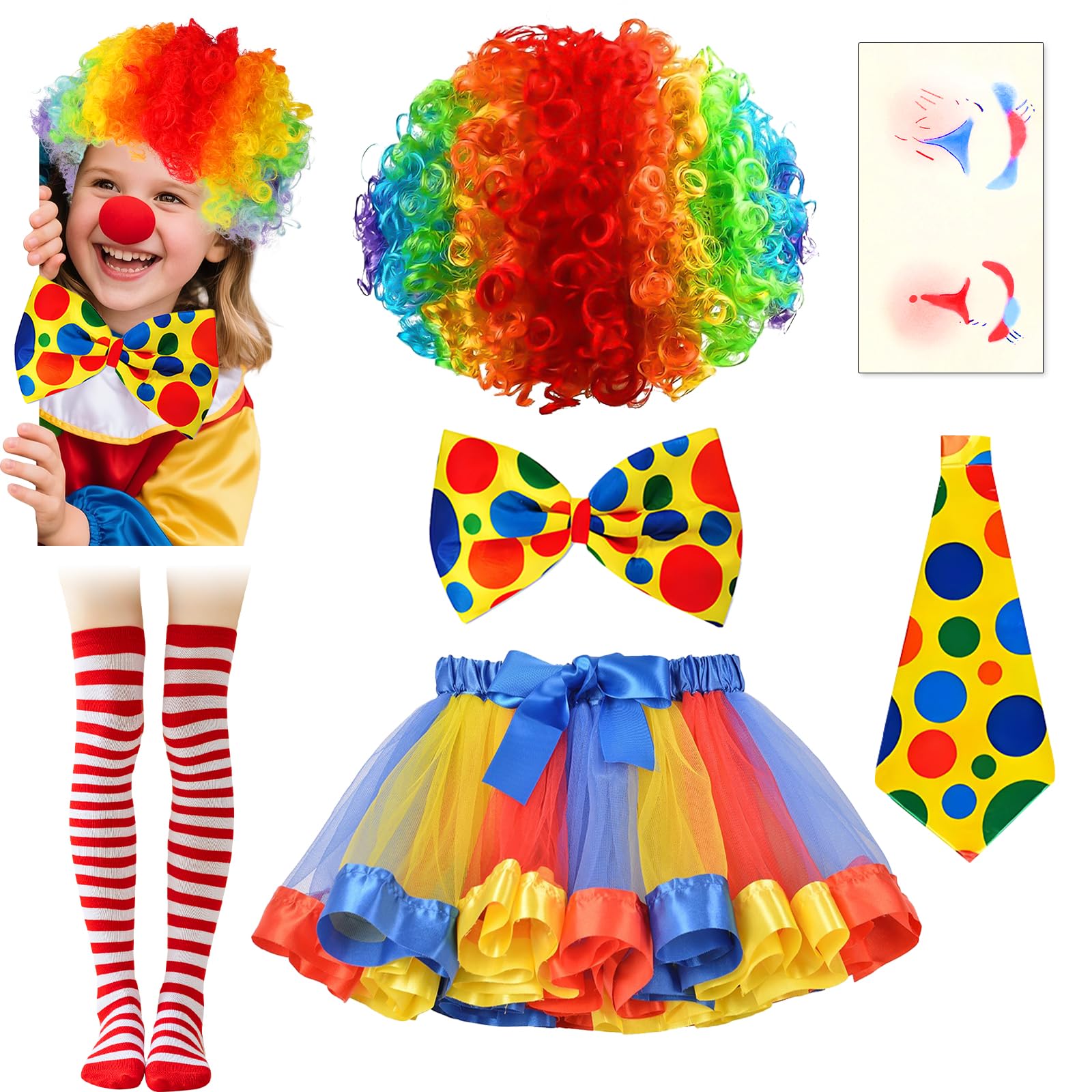 Glirop 6Pcs Halloween Clown Costume Set for Kids, Clown Dress Up Kit with Rainbow Tutu Skirt Wig Socks Bow Tie Tie Face Stickers for Girls World Book Day Carnival Theme Party