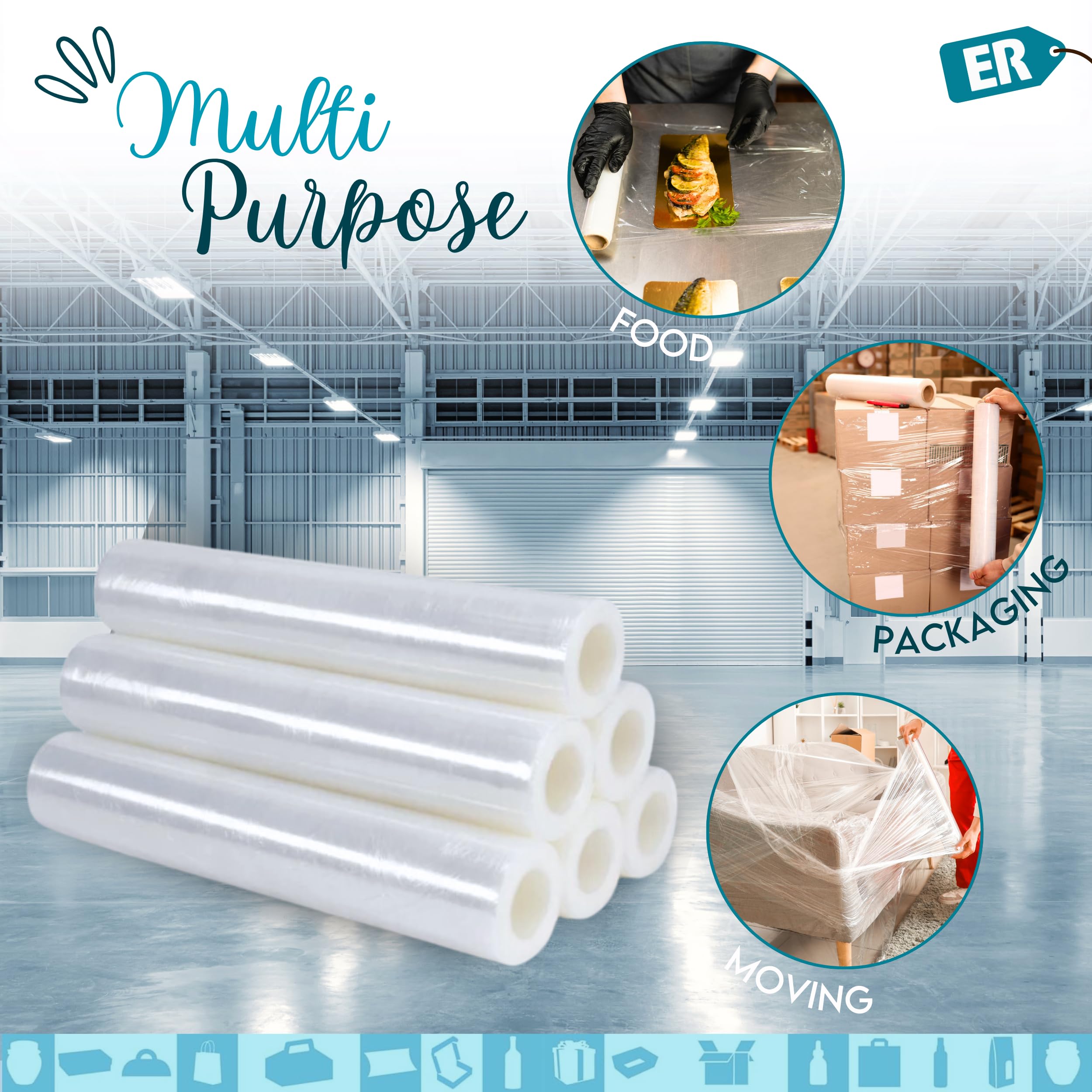 6 rolek przezroczystej folii stretch 51 cm x 190 m | Folia do pakowania opakowań i palet | Folia rozciągliwa do przeprowadzki | Folia spożywcza