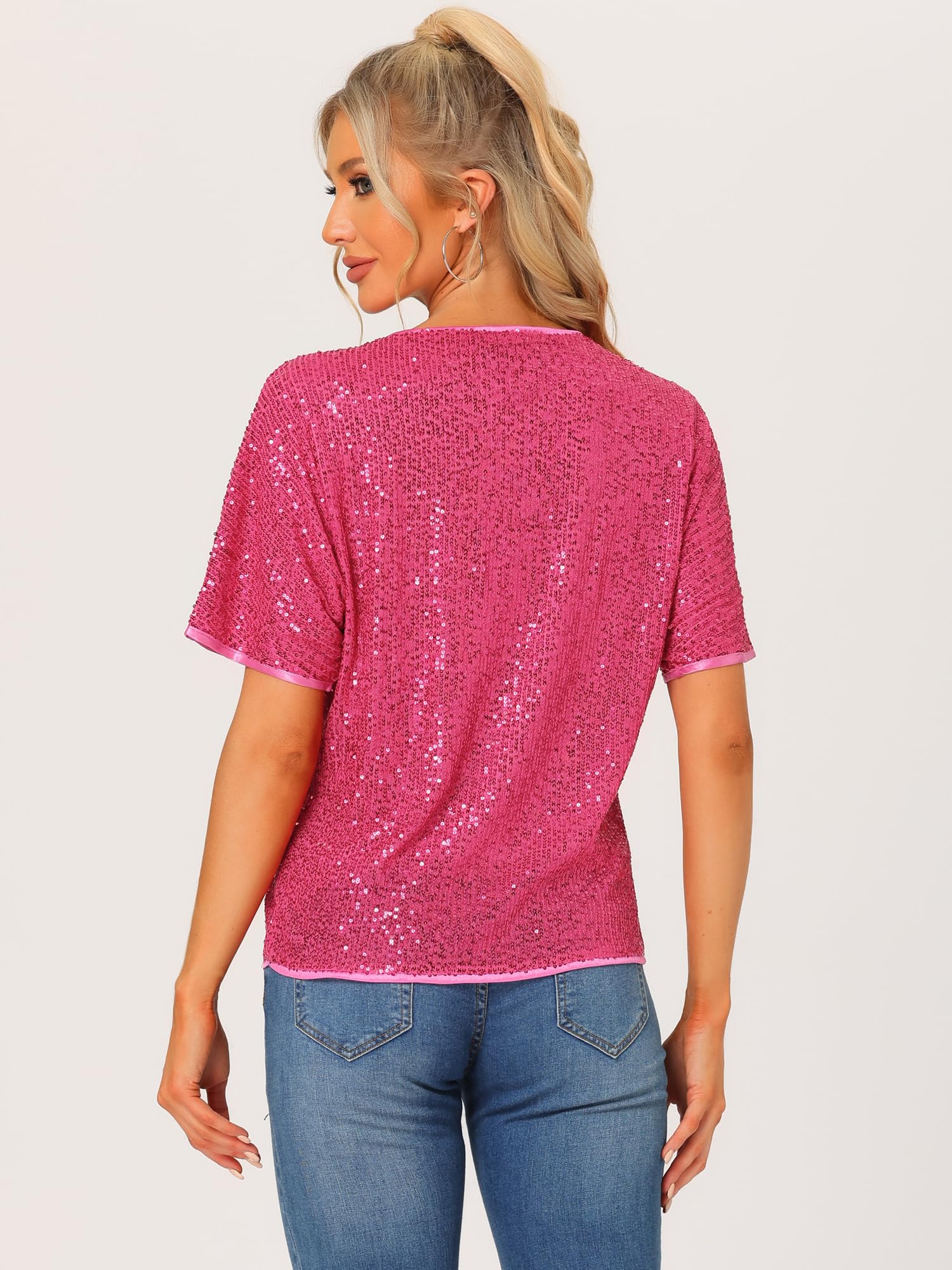 Allegra K Damen Festliches Oberteil Pailletten Oberteile Kurzarm Rund Halsausschnitt Party Glitzer Top
