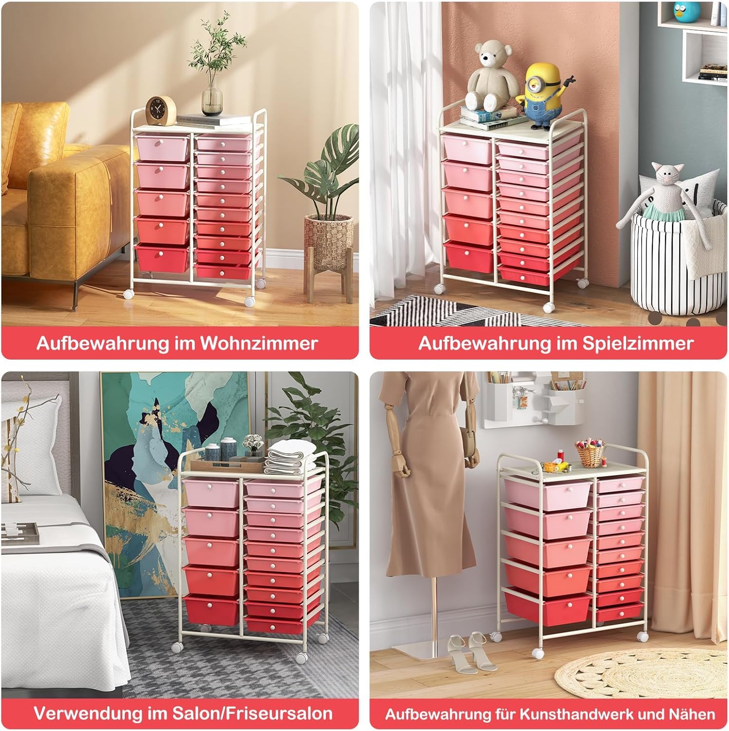 FANTASK Rollwagen mit 15 stapelbaren Schubladen, Schubladenwagen Rollcontainer mit Metallgestell, Badrollwagen Aufbewahrungswagen für Büro Wohnzimmer, 62,5 x 37 x 87 cm, Rosa