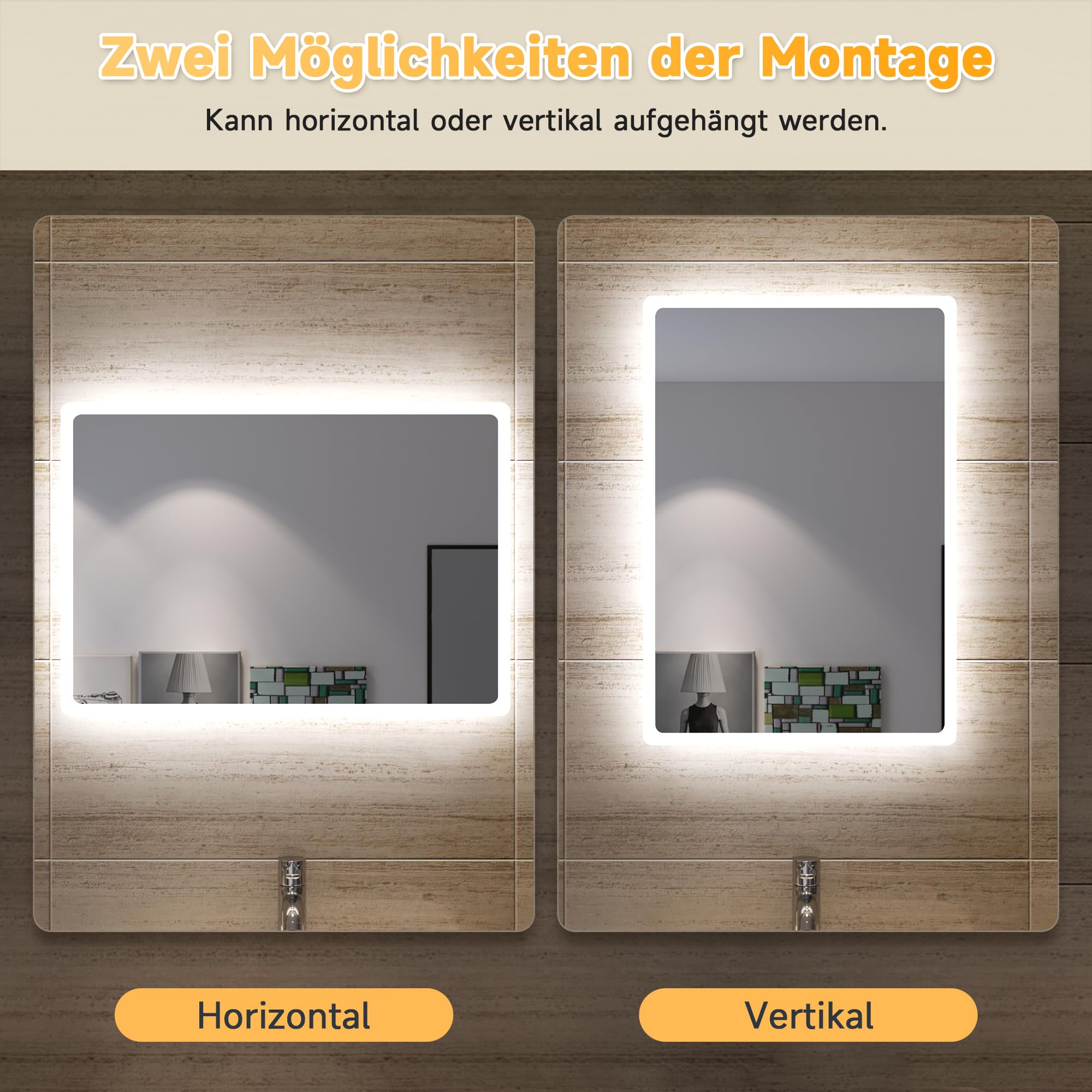 SONNI Badspiegel mit Beleuchtung 60x40 cm LED Badspiegel Wandschalter Badezimmerspiegel Wandspiegel Lichtspiegel IP44