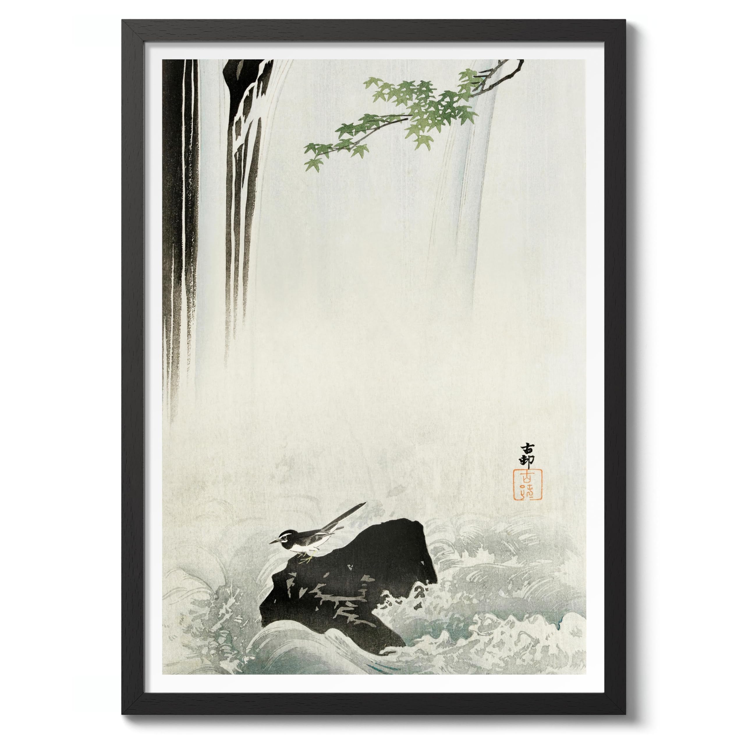 Japanese Wagtail At Waterfall Ohara Koson Poster, Japanese Woodblock Ukiyo-E Print, Vintage Nature Art Picture Animal Painting Wall Art, Artwork Home Decor, A2 (Black Frame) - 62.5x45.1cm โ image 1