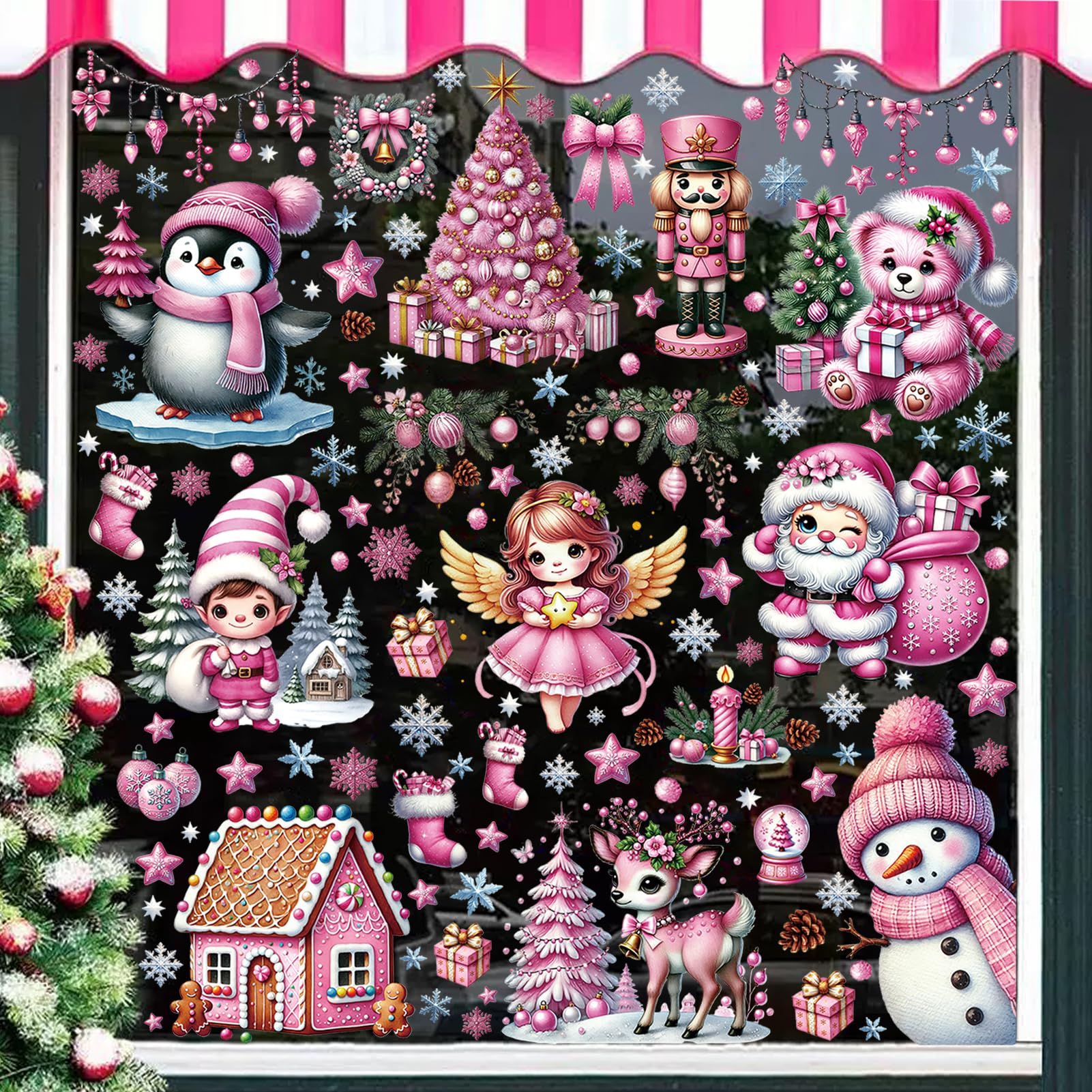 Fassory Rose Pink Cuties 9 Sheets 120 Pcs Pink Christmas Window Stickers, Reusable Double-Side Static Xmas Window Clings, Window Stickers Christmas Scene (Rose Pink Cuties)