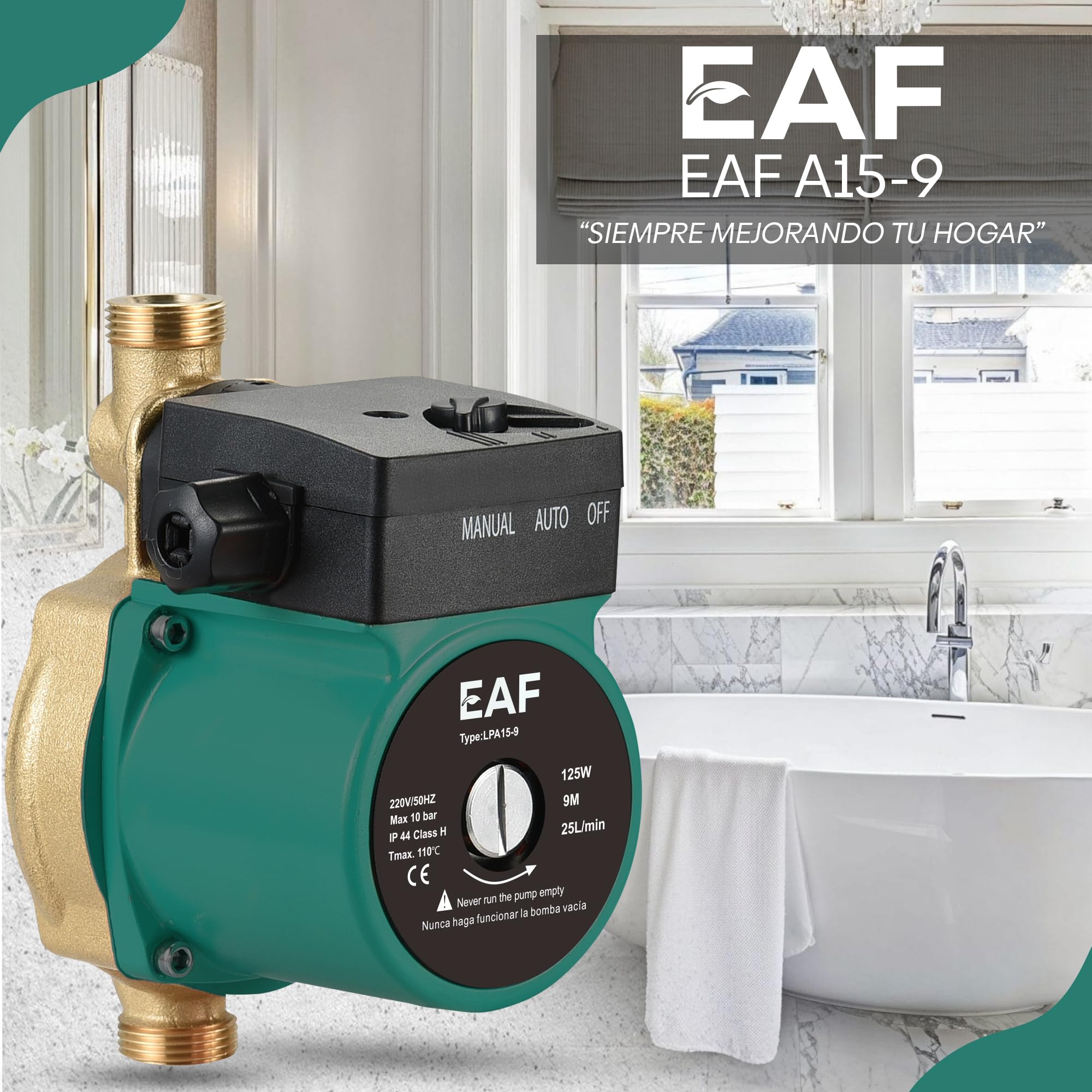 EAF EAFA15-9 – Automática Recirculación Calefacción y Agua Caliente en Duchas y Grifos Doméstica | 9m Máx – 3,6 m³/h Bomba de Presión de Agua para Casa, Bomba de Refuerzo de Presión