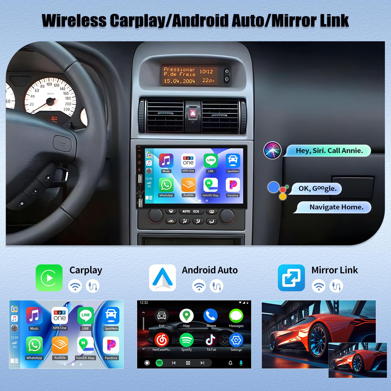 SIXTOP Autoradio 1 Din avec CarPlay sans Fil & Android Auto, 7 Pouces Écran pour Voiture, Autoradio Bluetooth avec MirrorLink, EQ, FM, USB/TF/AUX, Commande Au Volant