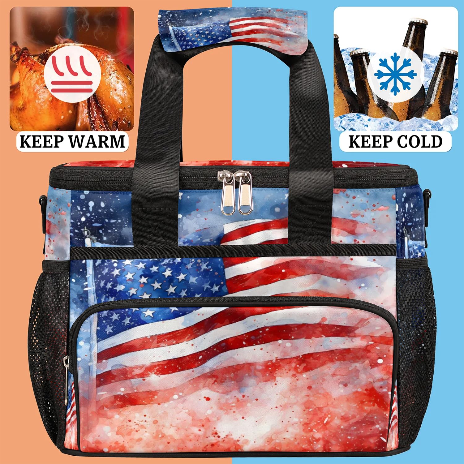 Grand sac à déjeuner isotherme avec drapeau du jour de l'indépendance américaine pour adultes, hommes, femmes, enfants, filles, garçons, sac isotherme pour le travail, le pique-nique, le barbecue