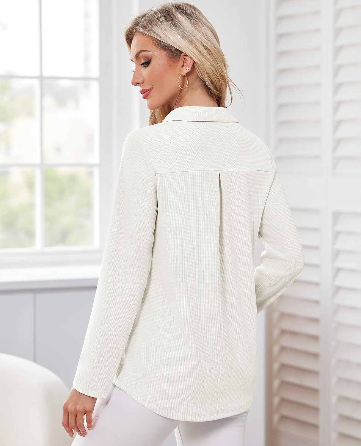 Women's Polo Shirts Collared V Neck Work Tops Long Sleeve Business Casual Dressy Blouses Textured Ribbed Tunic - Image 4