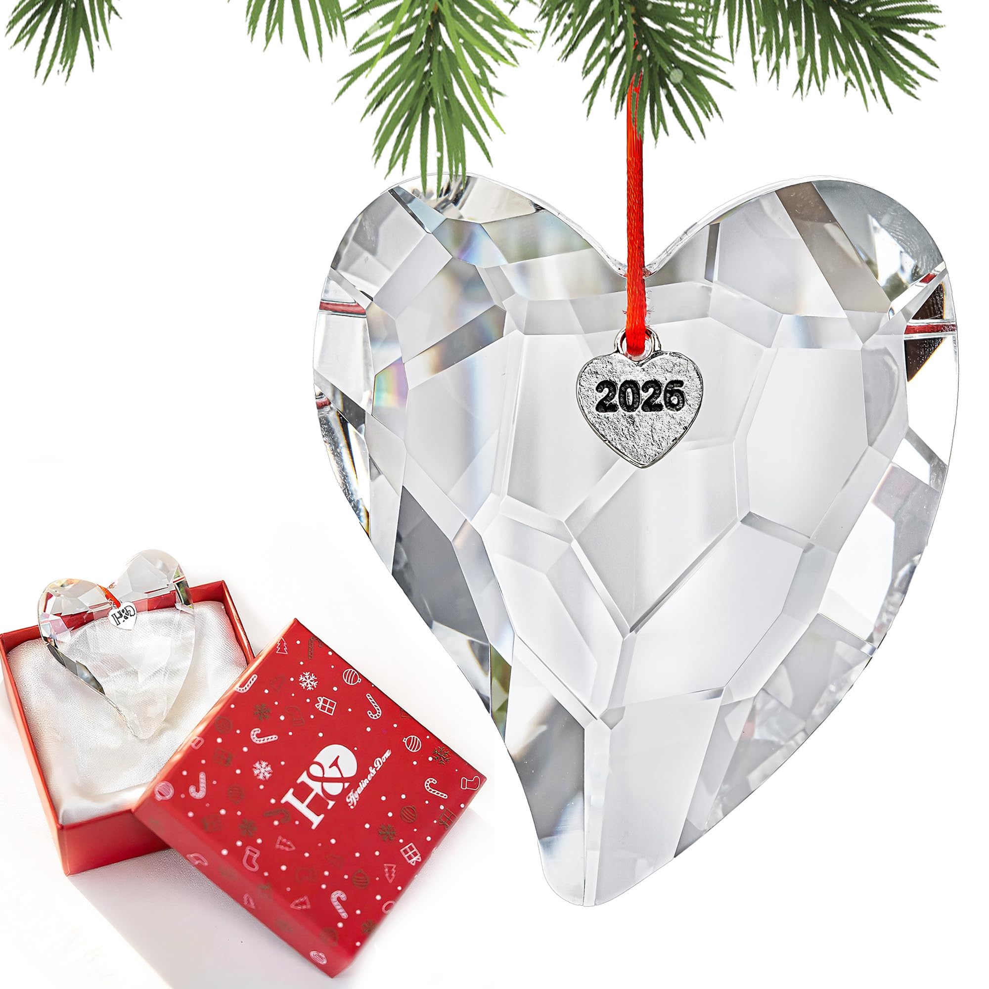 KANPURA Clear Crystal Heart Prism Ornament for Christmas Tree 2026 Xmas Glass Rainbow Hangings for Valentine's Day, Wedding, Birthday Decor