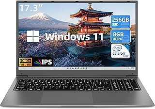 SGIN 17 Inch Windows 11 Laptop, 8GB RAM 256GB SSD Notebook with IPS Full HD Display, Intel Celeron Quad-core Processor, Mini HDMI, Webcam, Dual-Brand Wi-Fi, Expandable Storage 512GB TF (Gray)