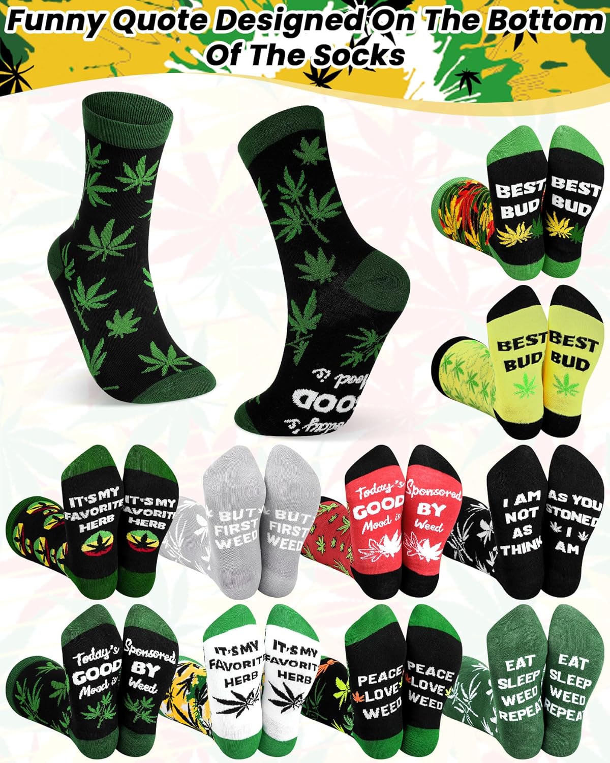 10 Pairs Weed Socks for Men Women Marijuana Socks Green Pot 420 Gifts Cannabis Accessories for Christmas 420 Holiday - Image 3