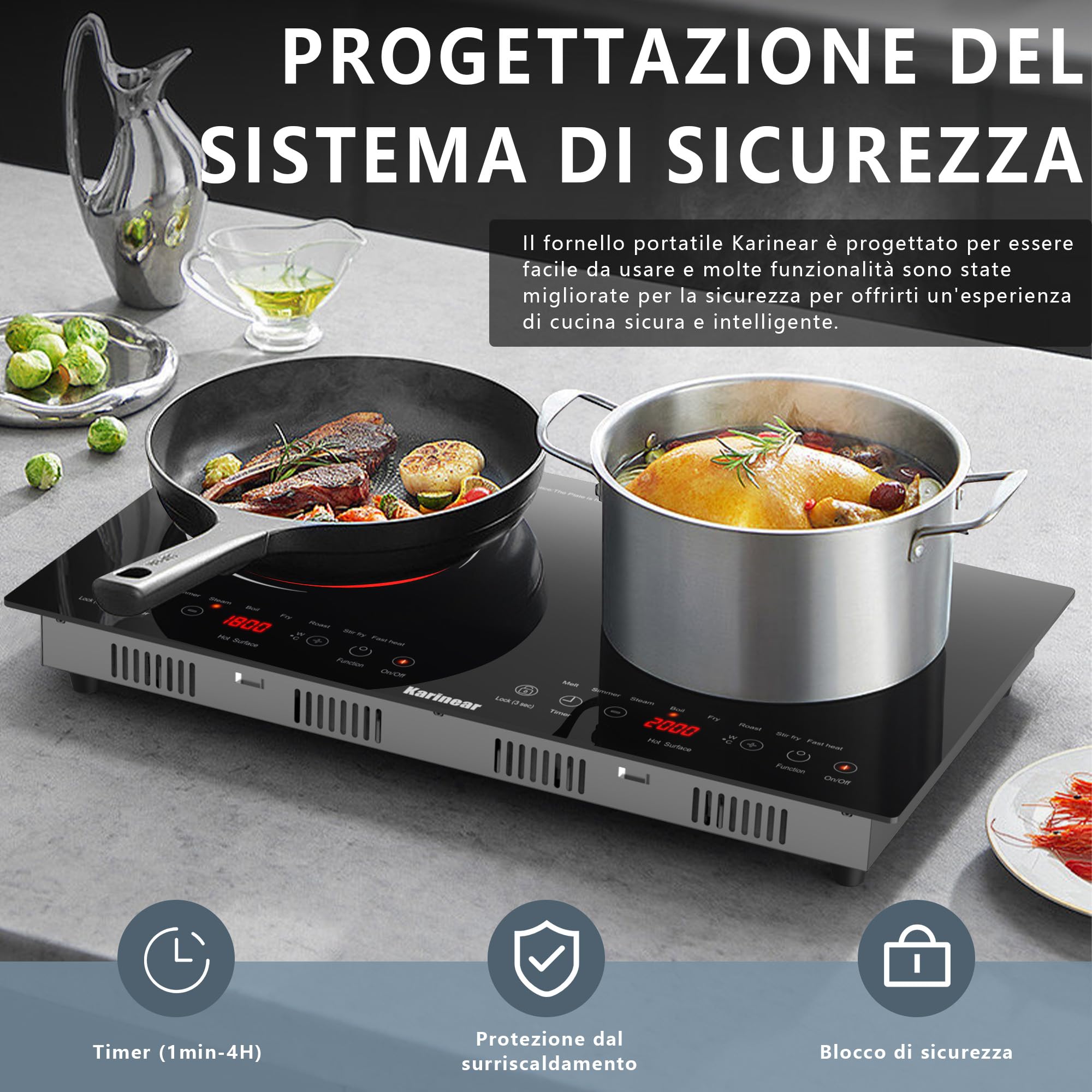 Piano Cottura Vetroceramica Karinear 2 Fuochi - 3000W, Comandi Rotativi E Touch, Timer, Blocco Sicurezza, 30 Cm