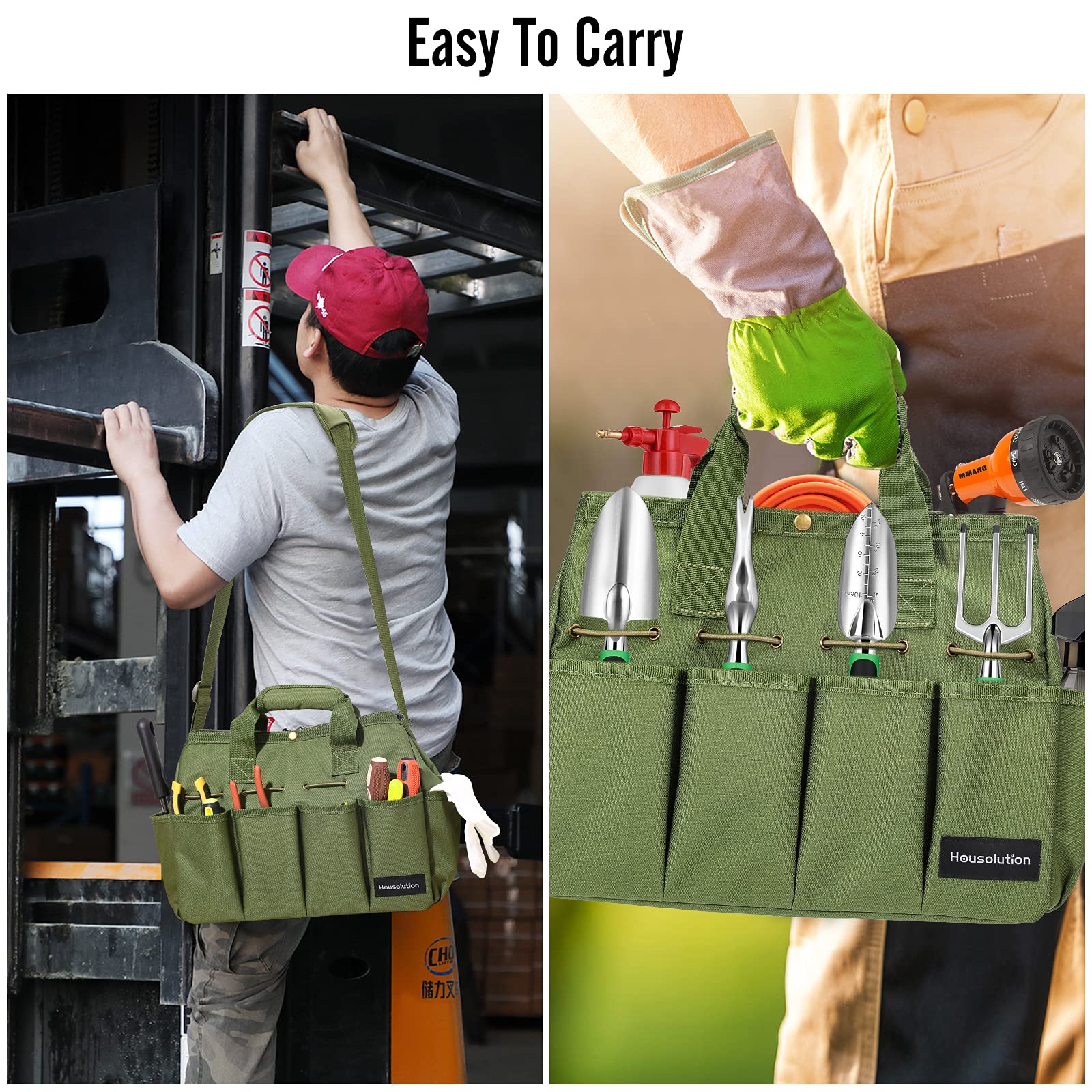 Housolution Borsa Portaoggetti da Giardino con Tracolla Regolabile, Borsa per Attrezzi da Giardinaggio con Manico in Poliestere 900D Multi-Tasca Porta Utensili Grande Capacità per Giardiniere, Verde
