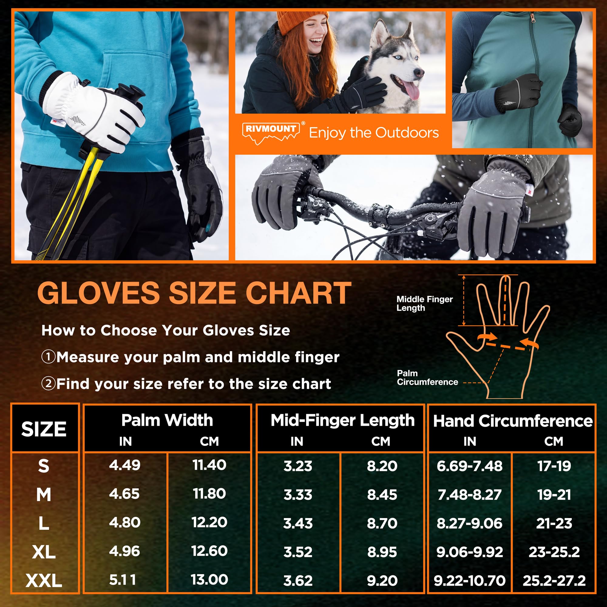 rivmount Winterhandschuhe Damen Herren, Thermo Skihandschuhe für kaltes Wetter mit Warm, Wasserdicht, Touchscreen für Laufen, Skifahren