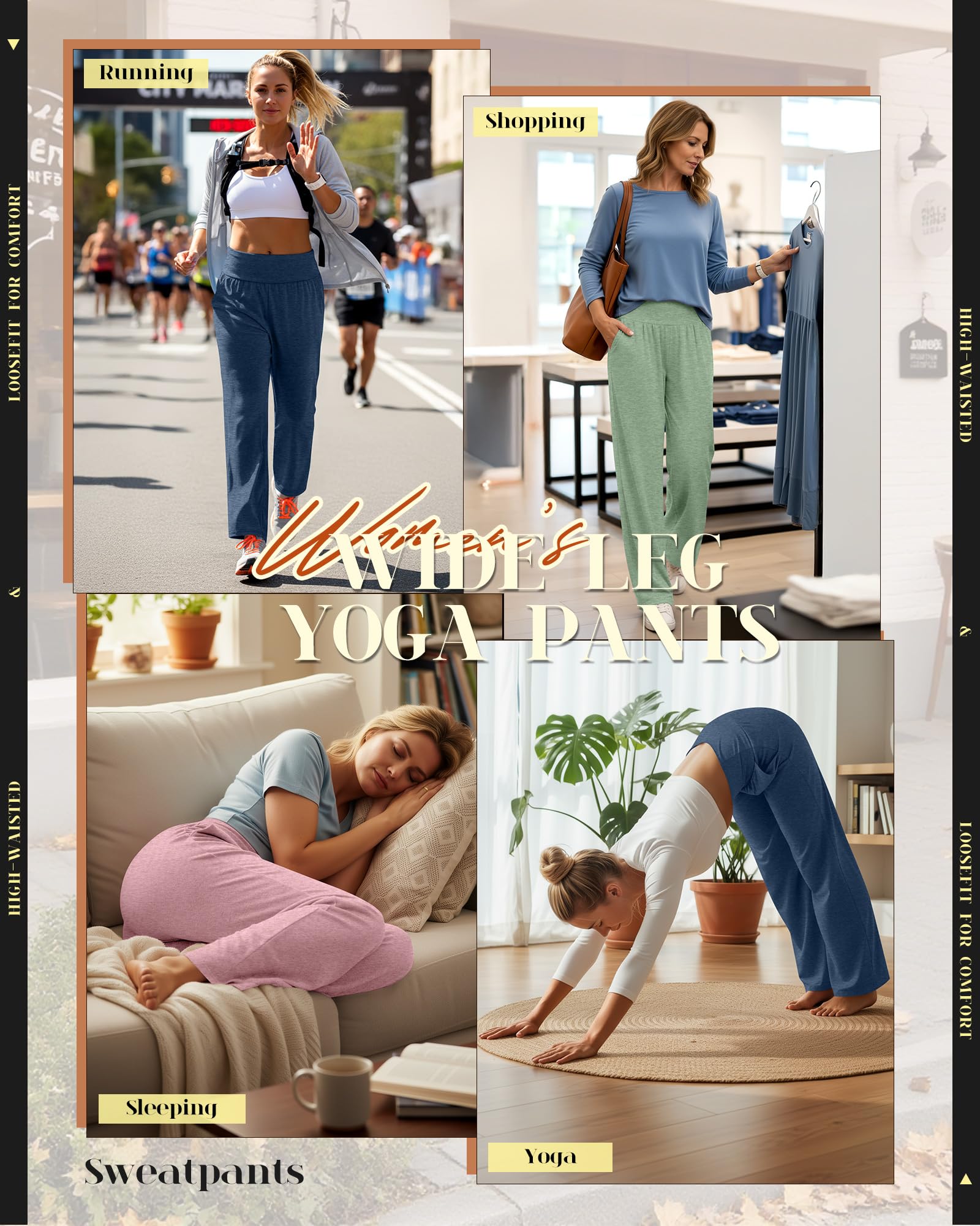 Neer Lot de 3 Pantalons de Yoga Larges pour Femmes Confortables et Élégants avec Poches et Taille Élastique Bas Ouvert