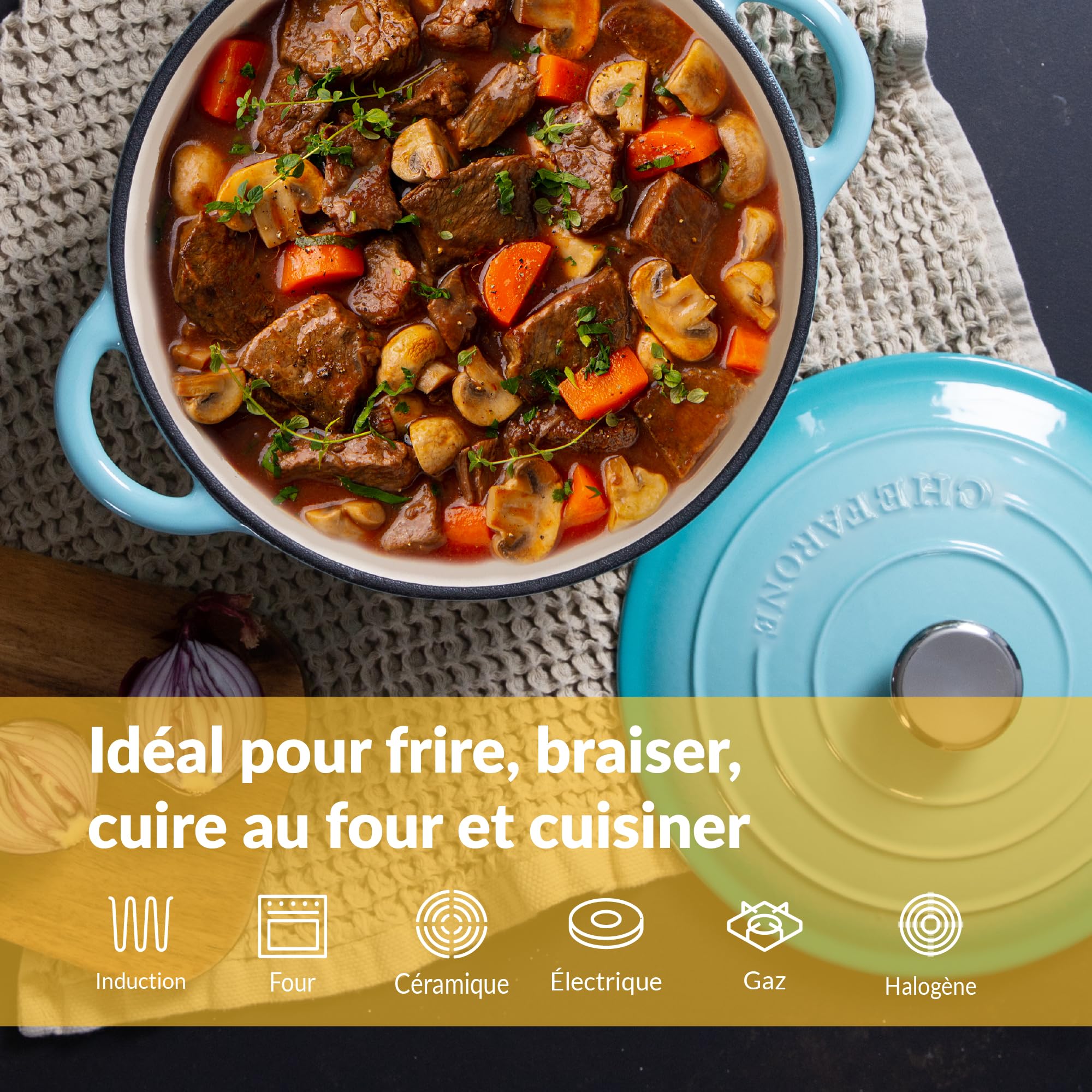 Chefarone Cocotte en Fonte Émaillée 26 cm (4,7 L) – Marmite avec Couvercle Compatible Induction et Four – Fonte de Qualité Supérieure – Idéale pour Pain, Ragoûts, Rôtis et Plats mijotés
