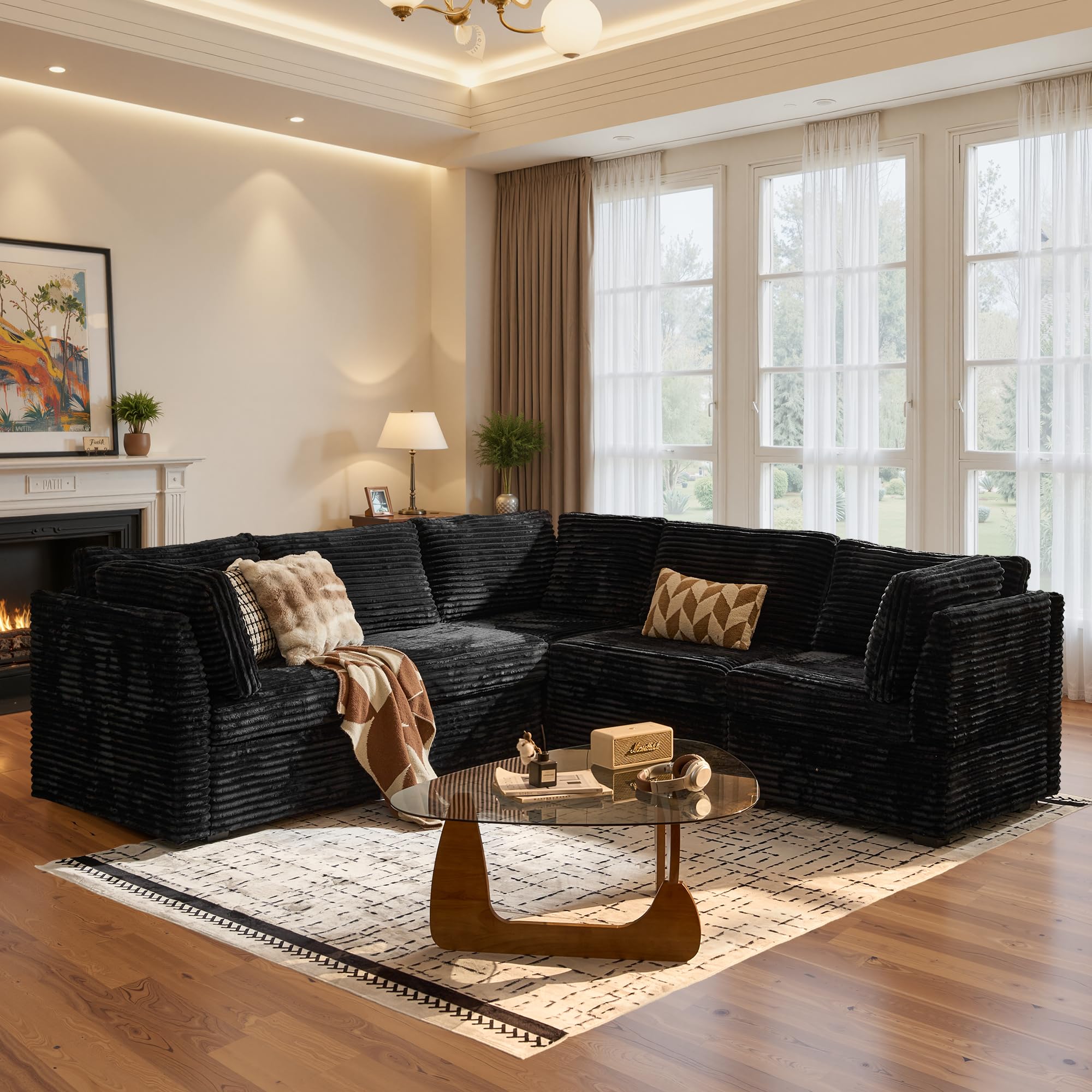 ovios Modular Sectional Sofa Couch with V-Shape Chaise Convertible, Comfy Plush Corduroy Cloud Couches, Modern Luxury Deep Seat Sofas Set for Living Room, 5-Seater, Black
