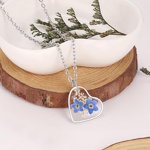 Miniatura 9 de Forget-Me-Not and Queen Anne's Lace Pressed Wildflower Necklace Birth Month Real Flower Necklace Gold/Silver Pressed Flower Jewelry