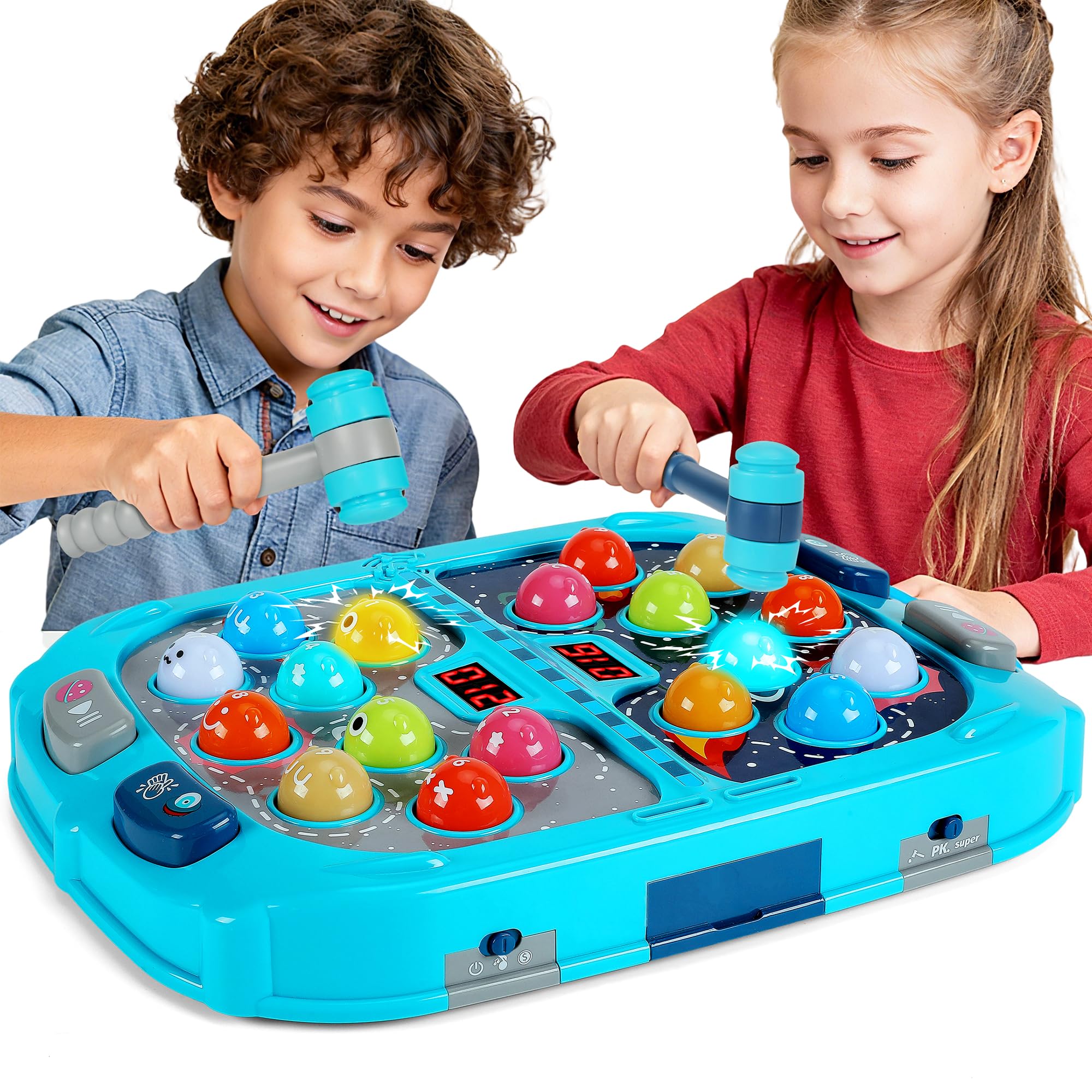 Whack-a-Mole Game for Kids, Juego de Golpear Topos con 18 Objetivos Luminosos, 2 Martillos, 3 Modos, 9 Niveles, Luces y Sonido, Juguete para Niños +3 Años