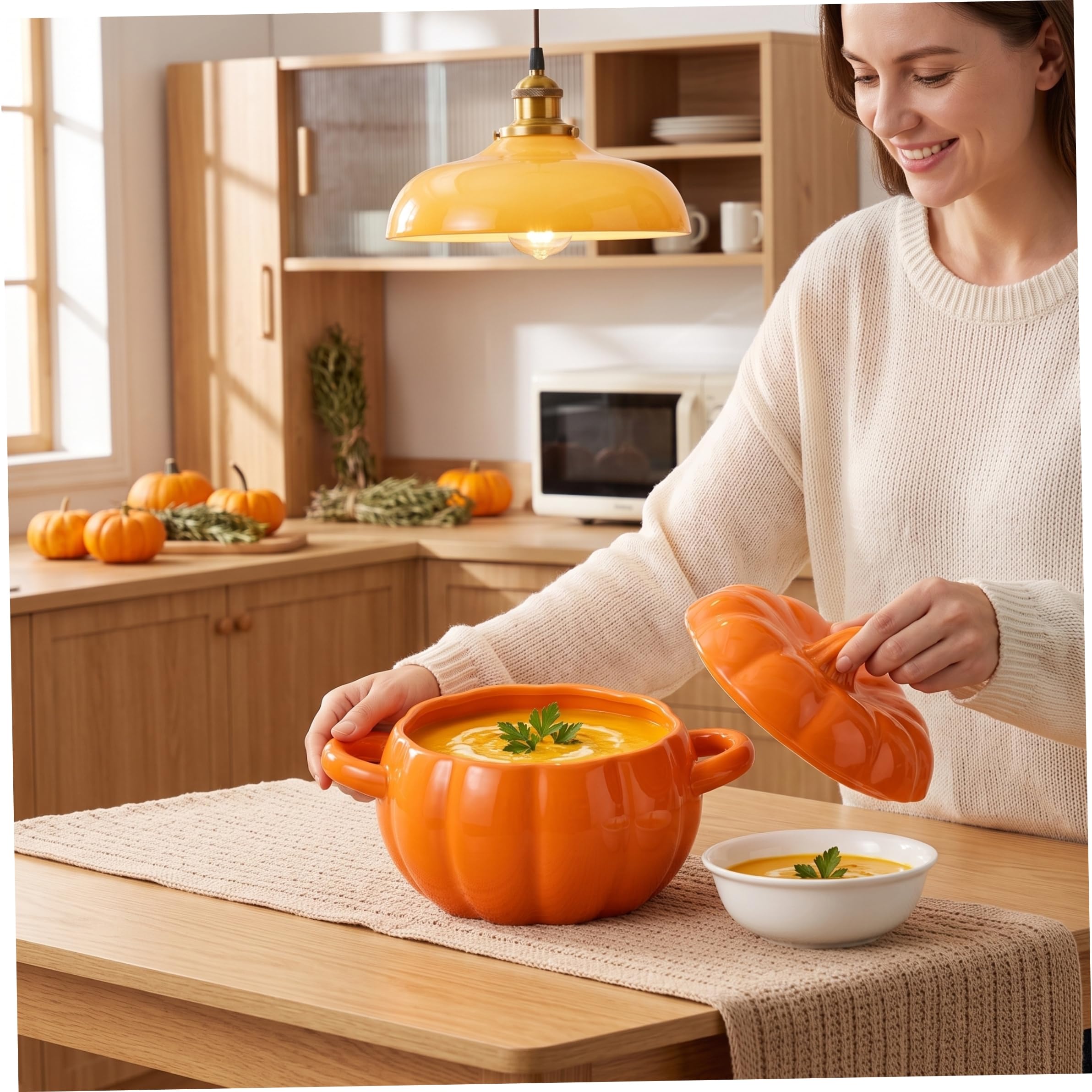 Dutch Ovens, Keramikschüssel mit Deckel, kürbisförmige Suppenschüssel mit Griffen zum Brotbacken, Schmoren, Suppenkochen, Orange
