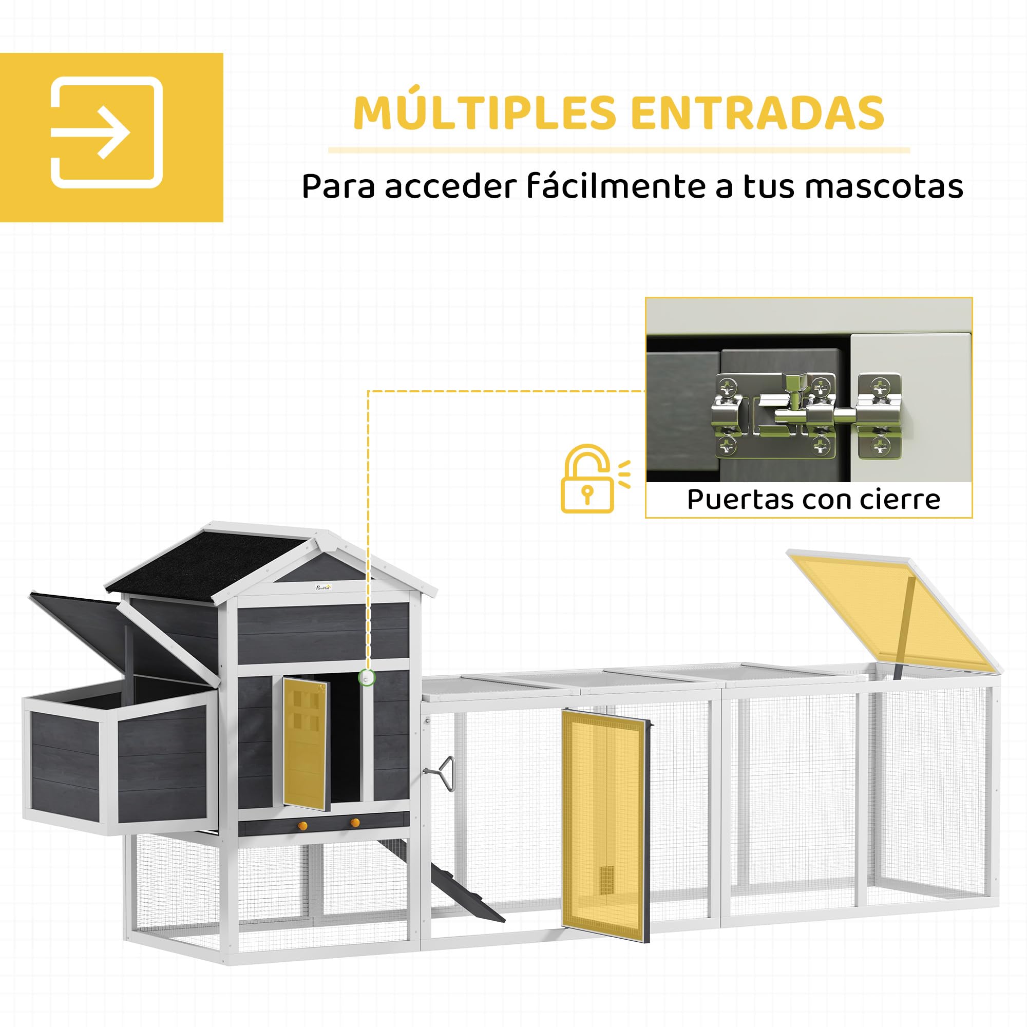 PawHut Gallinero Exterior Madera Grande 297,5x68x118 cm para 3-6 Gallinas con Nido Corral Bandeja Extraíble Techo Asfáltico Gris Blanco