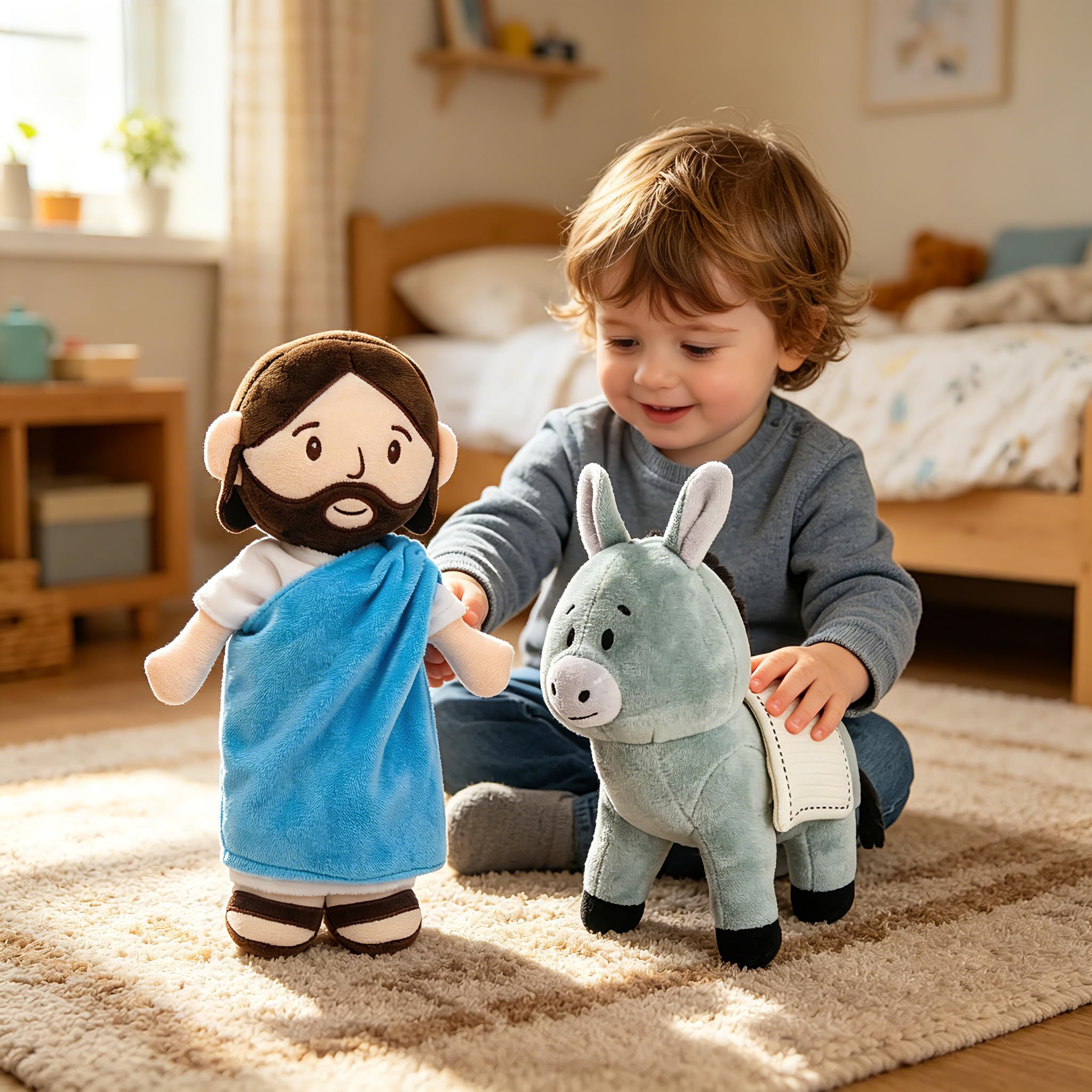 Jesus Plüschfigur Niedliches Plüschpuppe Religiöses Spielzeug Kinder Geschenke Christliche Taufe Ostern Geschenk Dekoration (Jesus und Esel)
