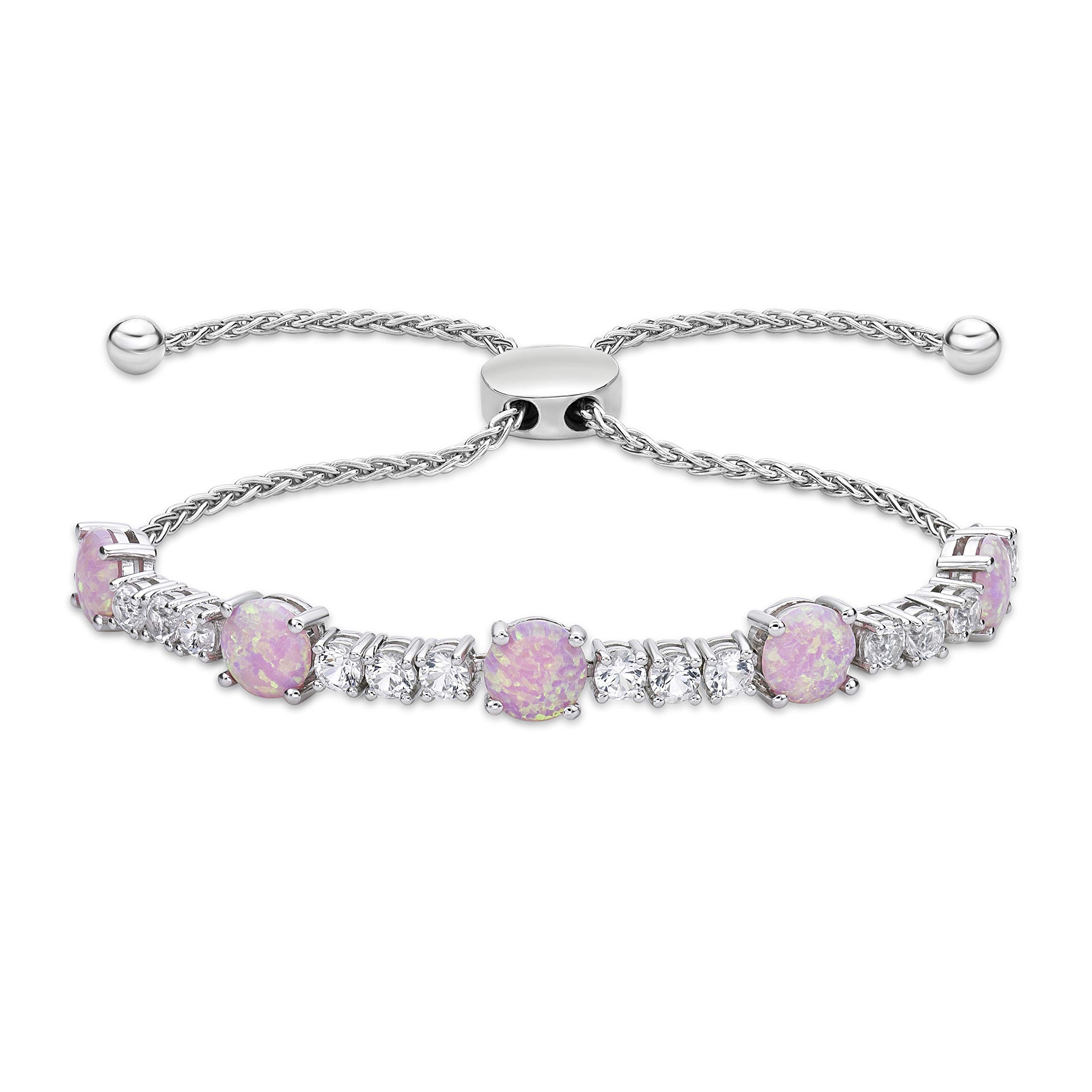 925 Sterling Silver, Lab Grown Opal & Lab Grown White Sapphire Alternating Stone Wheat Chain Adjustable Bolo Bracelet - 6”-9-3/5” - Choice of Color