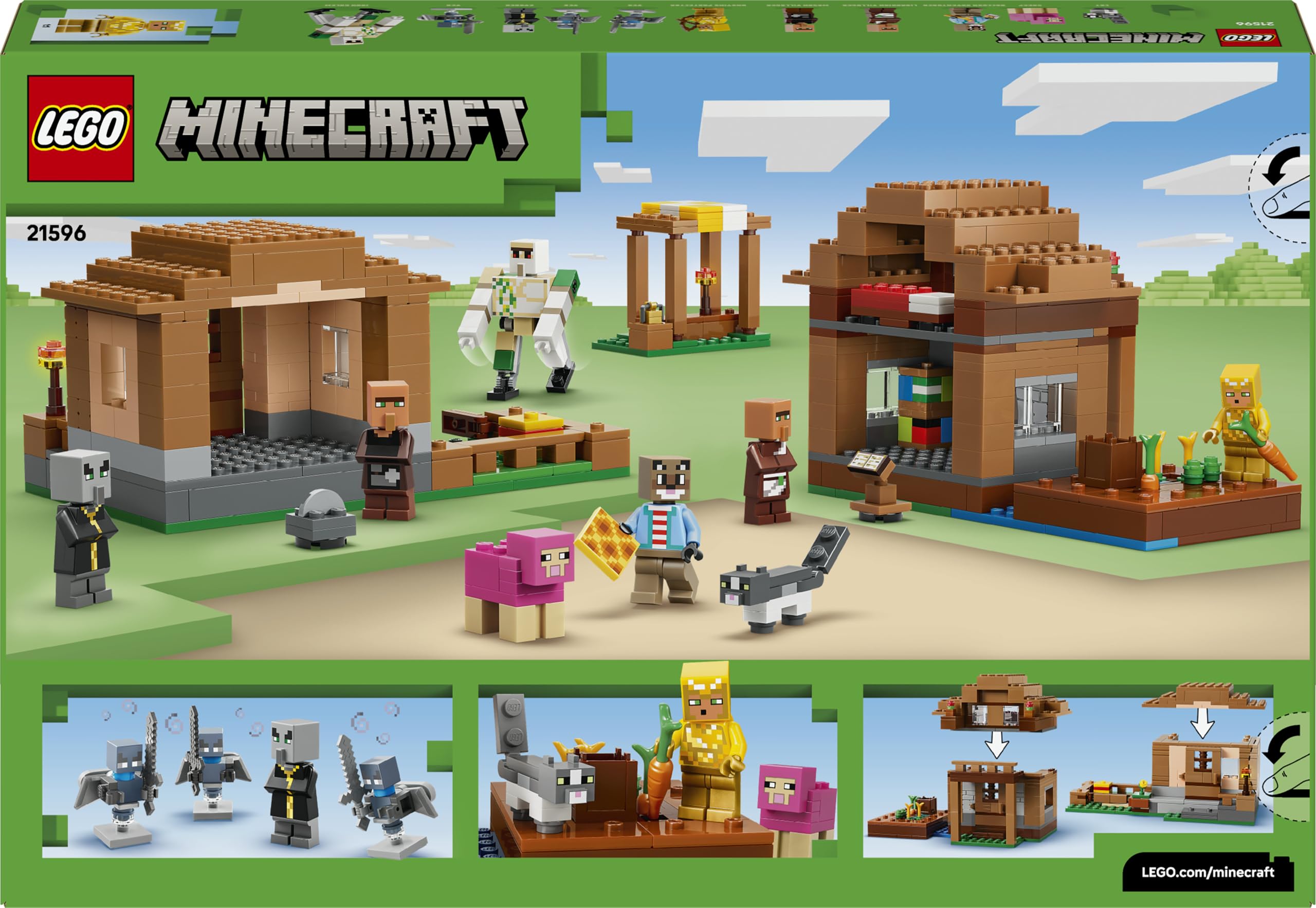 LEGO Minecraft Attacco al Villaggio dell’Evocatore - Casa Giocattolo con Giardino e 11 Personaggi tra cui Villico Muratore e Golem di Ferro - Decorazione Cameretta - Regalo per Gamer da 9 Anni - 21596