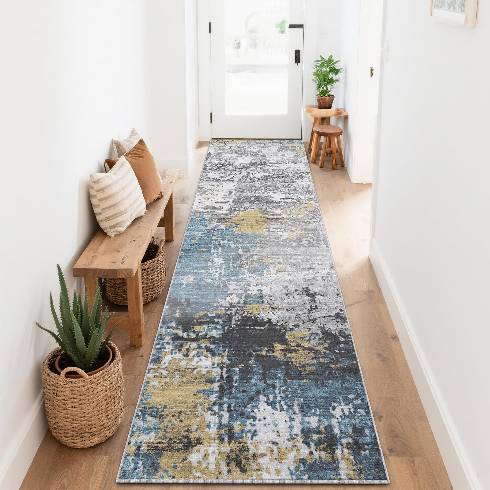 SOANNY Runner Rug, 80x240 cm Abstract Low Pile Carpet, Non-Slip Washable Area Mat for Bedroom, Hallway, Kitchen, Laundry, Entryway, Utility, Beside Sofa, Office, Blue Gold
