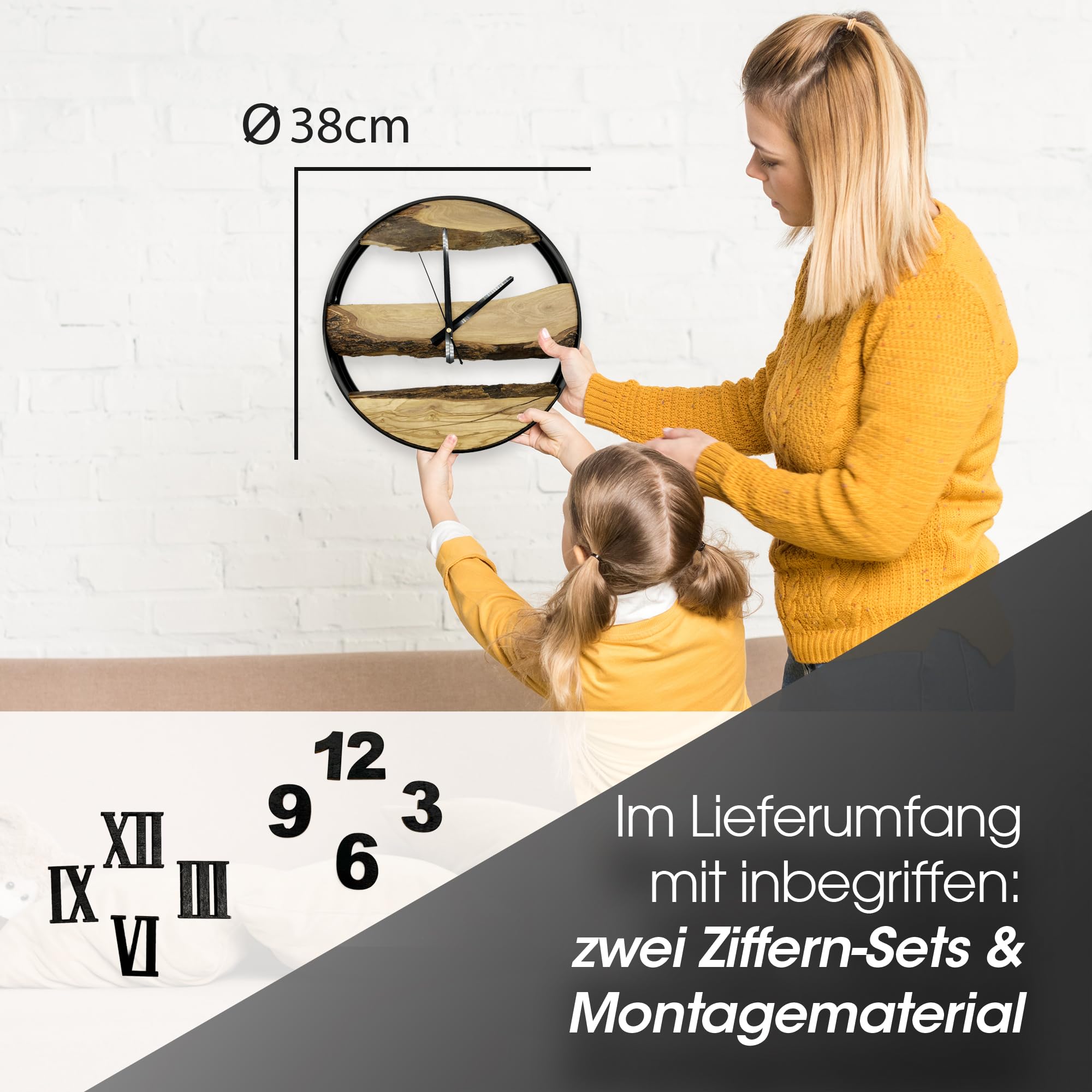 MODERNMOMENTS ® Wanduhr Holz ohne Tickgeräusche Handarbeit rustikal Olivenholz Holz Wanduhren modern Baumkante Holzuhr Wohnzimmeruhr Uhr Wand Massivholz Naturholz Clock Deko